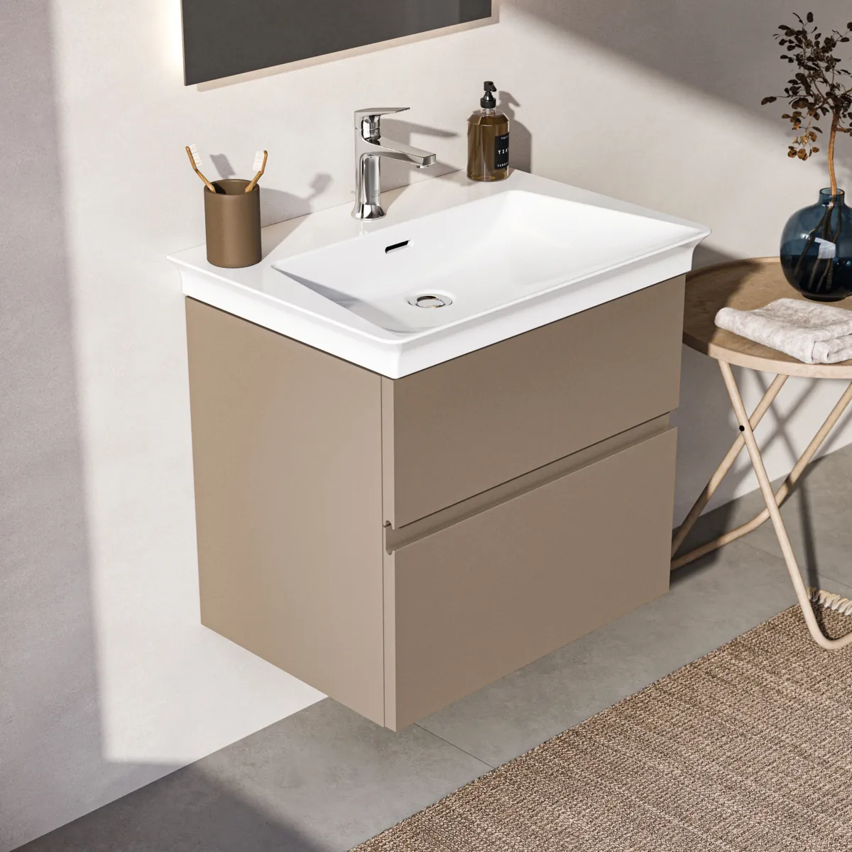 Ideal Standard Möbelwaschtischunterschrank Finesse 600x440x545mm 2 Auszüge Greige matt Ideal Standard Möbelwaschtischunterschrank Finesse 600x440x545mm 2 Auszüge Greige matt