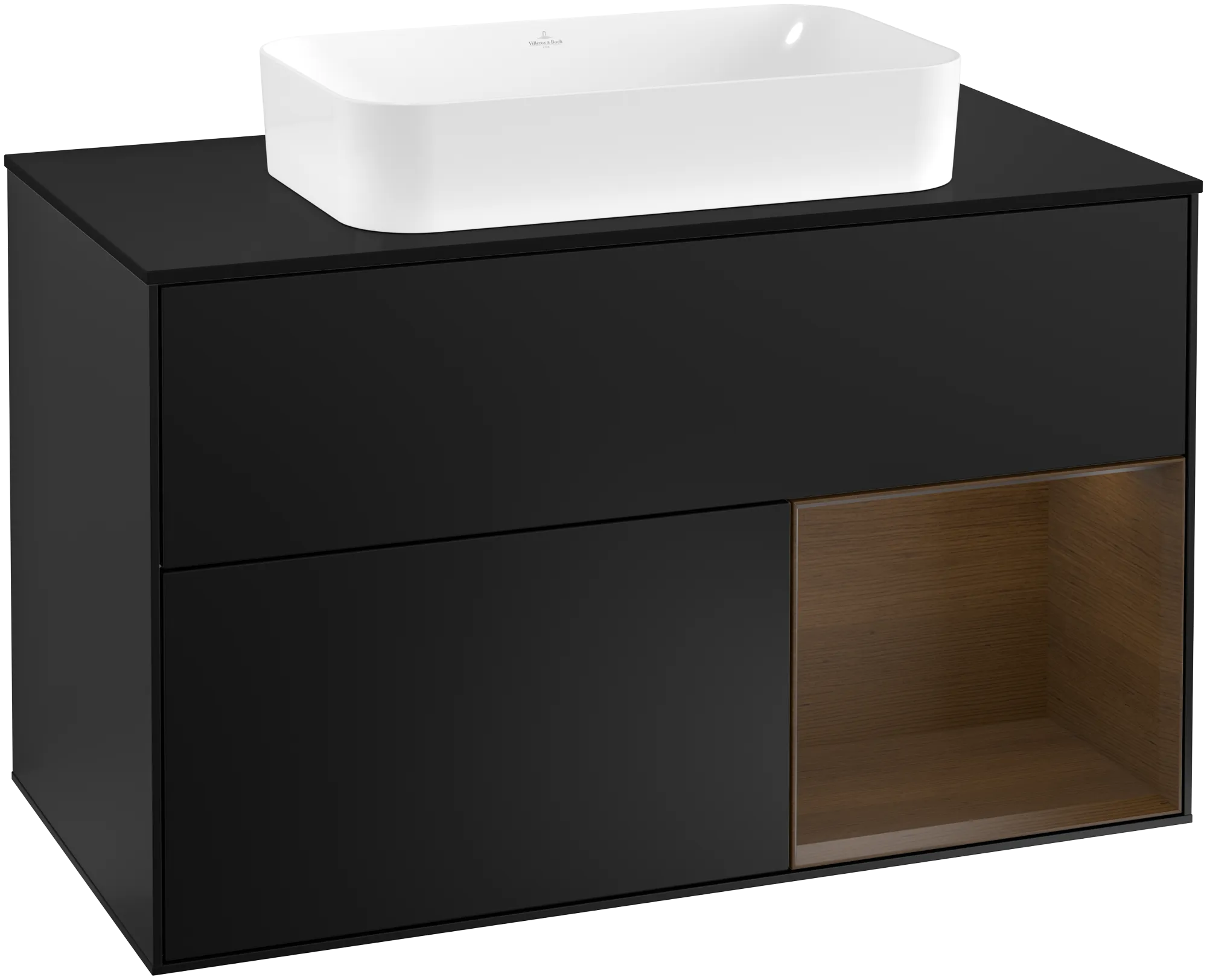 Villeroy & Boch Finion Waschbeckenunterschrank G25, 1000 x 603 x 501 mm, Black Matt Lacquer / Walnut Veneer / Glass Black Matt