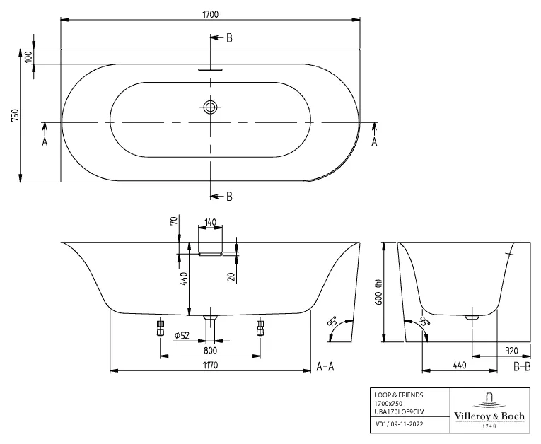 Villeroy & Boch Badewanne mit ovaler Innenform „Loop & Friends“ vorwand oval 170 × 75 cm, links