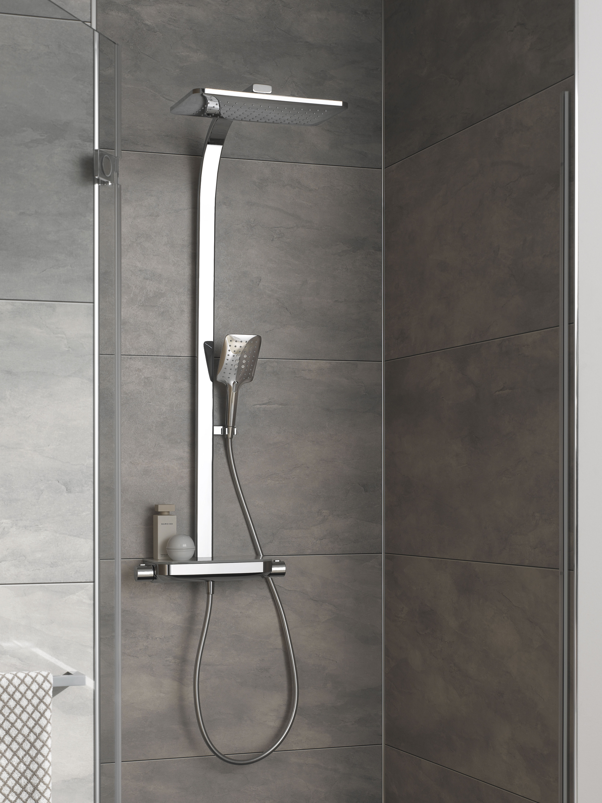 HSK Shower-Set Duschthermostat mit Ablage „RS 200 AquaTray“ in weiß / chrom Handbrause: Rund / Kopfbrause: Rund, superflach (⌀ 250 × 2 mm) HSK Shower-Set Duschthermostat mit Ablage „RS 200 AquaTray“ in weiß / chrom Handbrause: Rund / Kopfbrause: Rund, superflach (⌀ 250 × 2 mm)