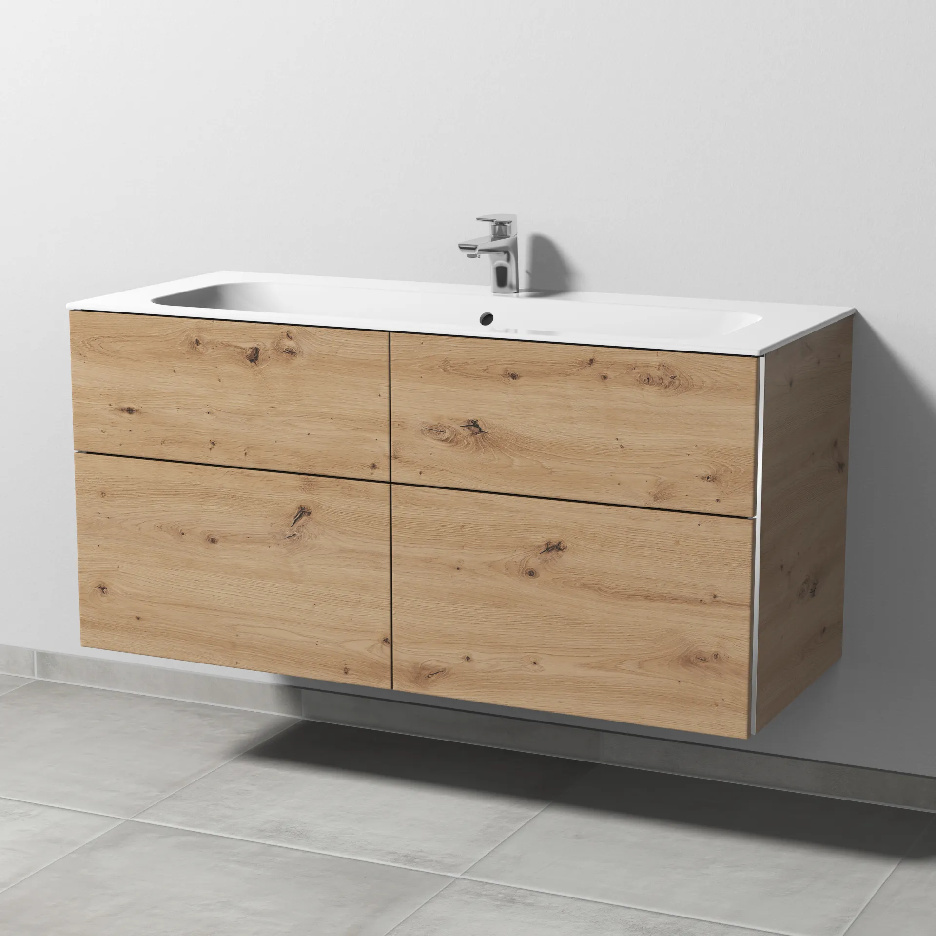 Sanipa Keramik-Waschtisch-Set mit Waschtischunterschrank „3way“ 119 × 49,7 × 58,2 cm in Eiche Natural-Touch, mittig