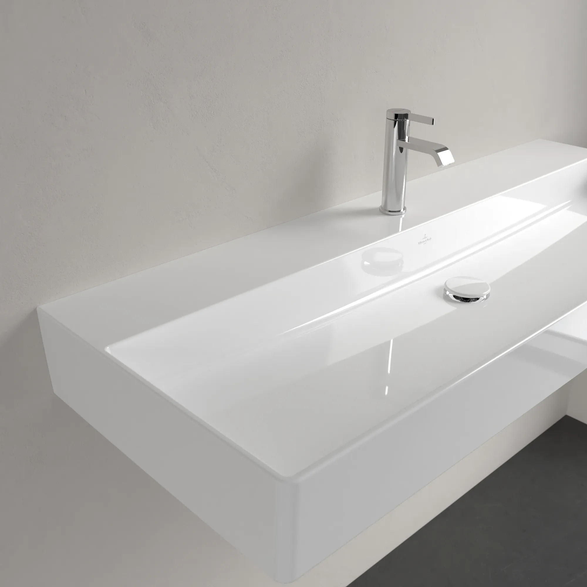 Villeroy & Boch Wandwaschtisch aus TitanCeram „Memento 2.0“ 1200 × 470 × 150 mm, mit Hahnlochbohrung, Hahnlochposition mittig in Weiß Alpin