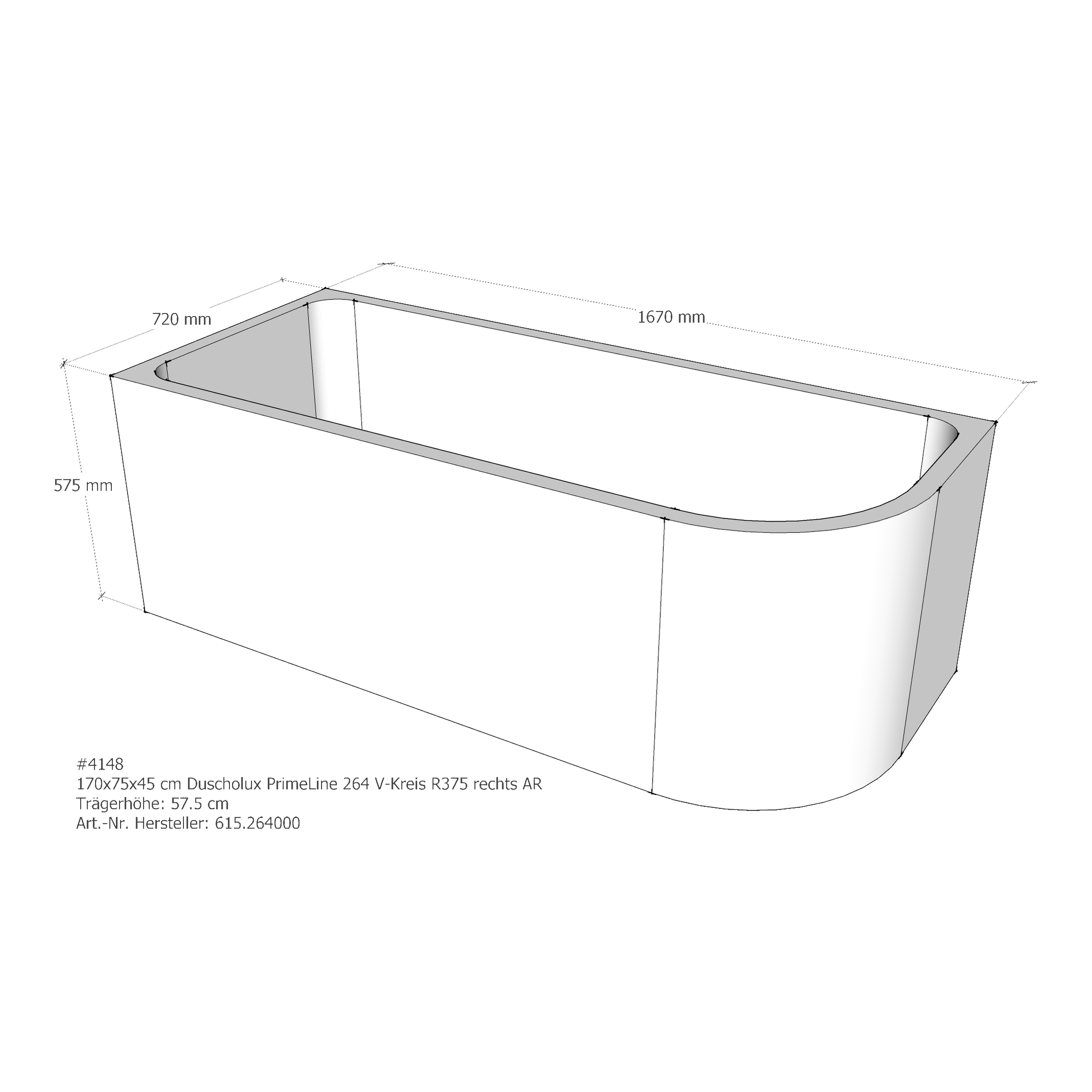 Wannenträger Duscholux PrimeLine 264 170x75x45 cm Ecke links (V-Kreis R375 rechts,AR)