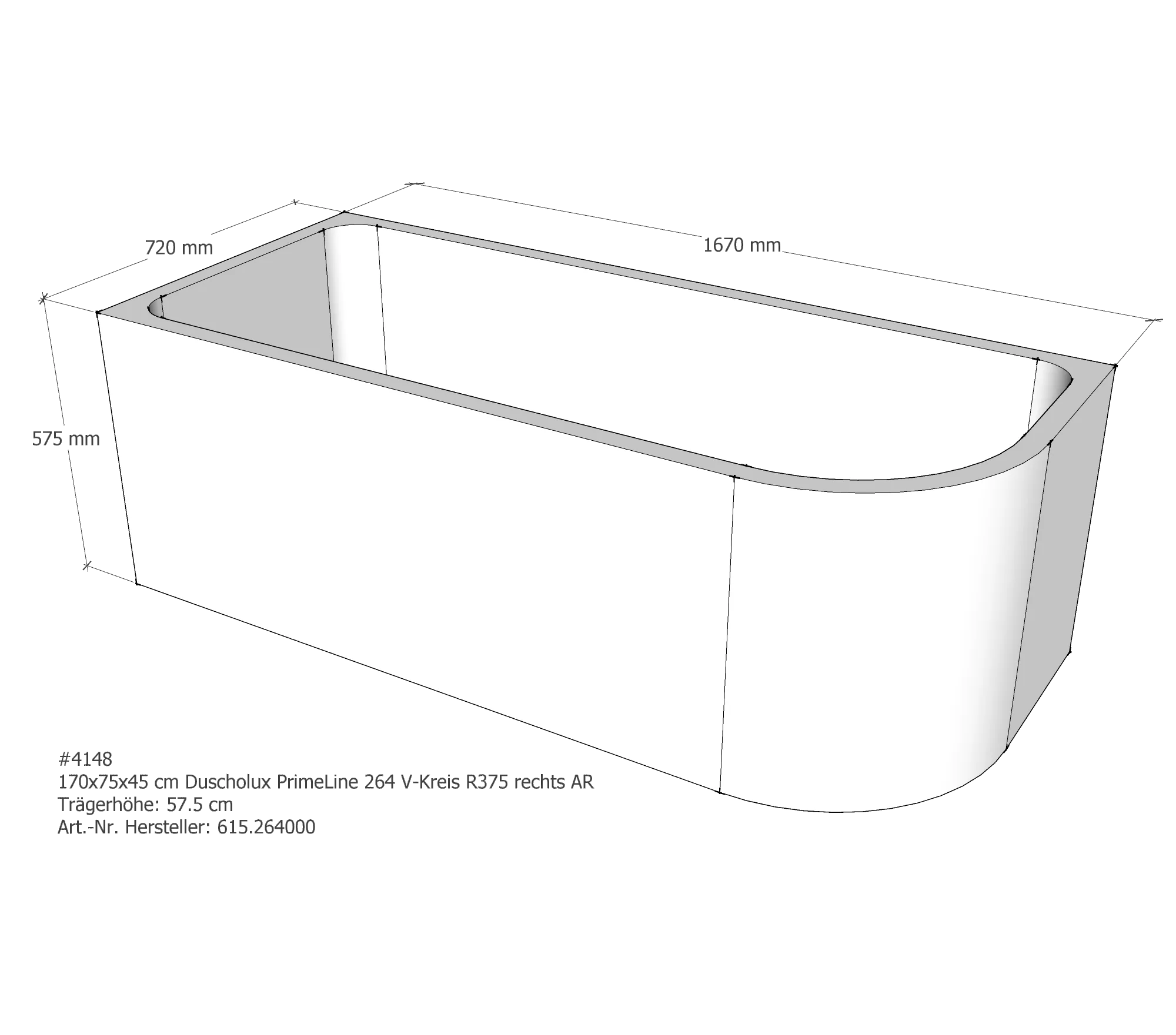 Badewannenträger für Duscholux PrimeLine 264 links 170 × 75 × 45 cm