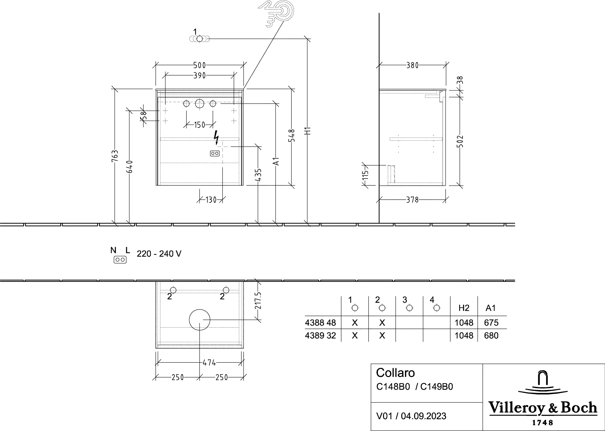 Villeroy & Boch Waschtischunterschrank „Collaro“ 500 × 548 × 380 mm Taupe, für Becken mittig, Anschlag links, mit Beleuchtung
