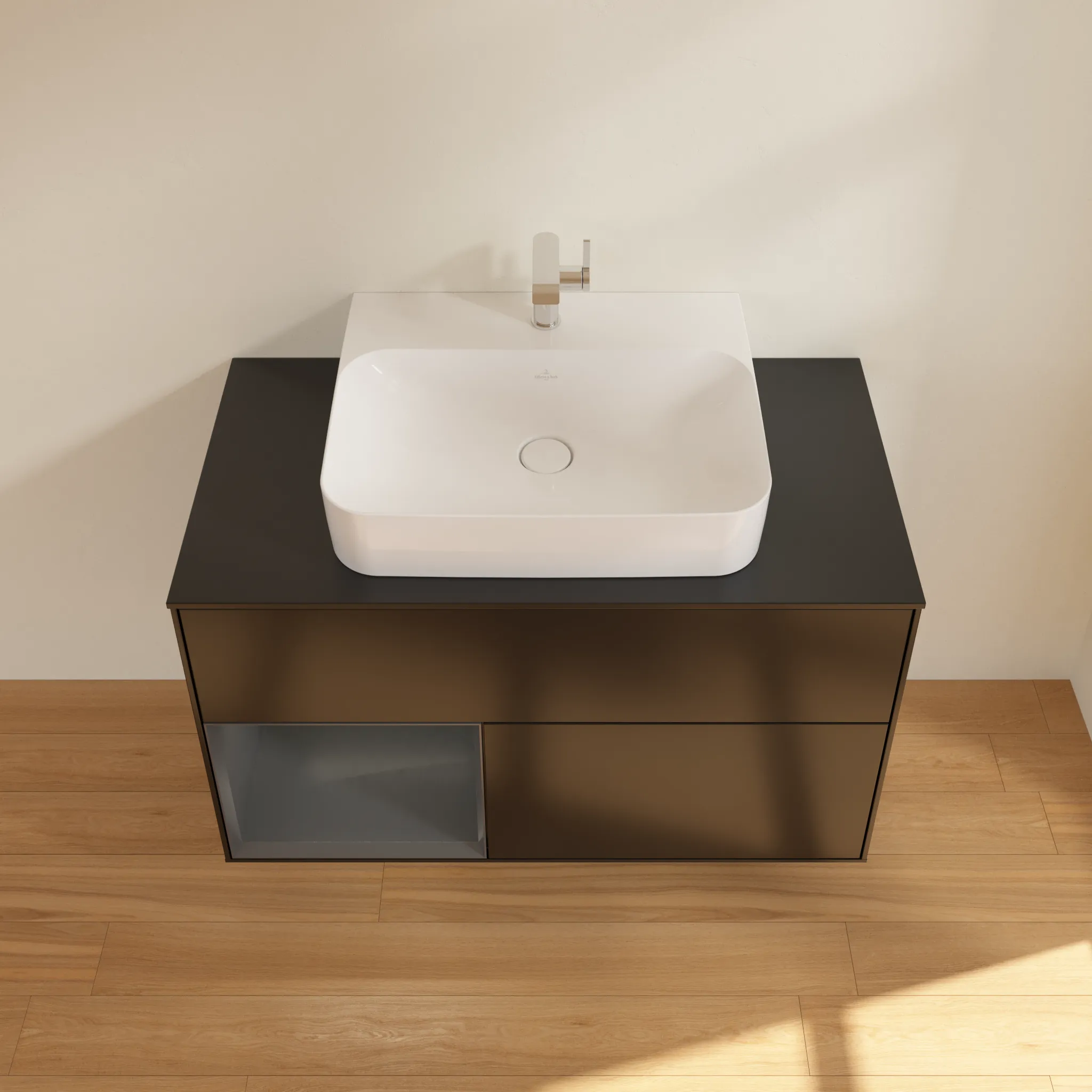 Villeroy & Boch Waschbeckenunterschrank Finion F11, 1000x603x501 mm, Black Matt Lacquer mit Gold Akzenten, mit Beleuchtung und Push-to-open Funktion
