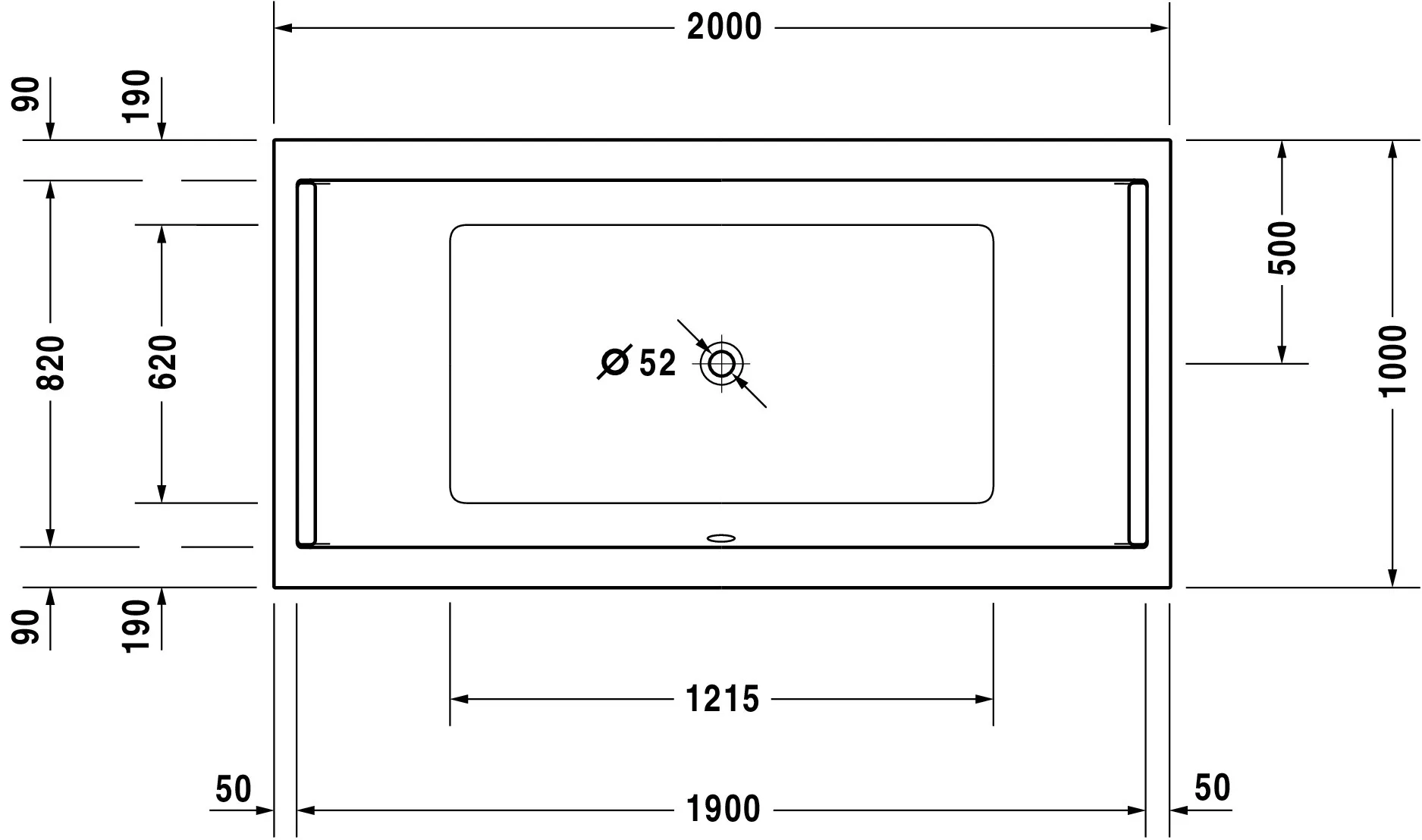 Duravit Whirlwanne „Starck“ rechteck 2000 × 1000 mm, Mittelablauf mit Combi-System E, in Weiß Duravit Whirlwanne „Starck“ rechteck 2000 × 1000 mm, Mittelablauf mit Combi-System E, in Weiß