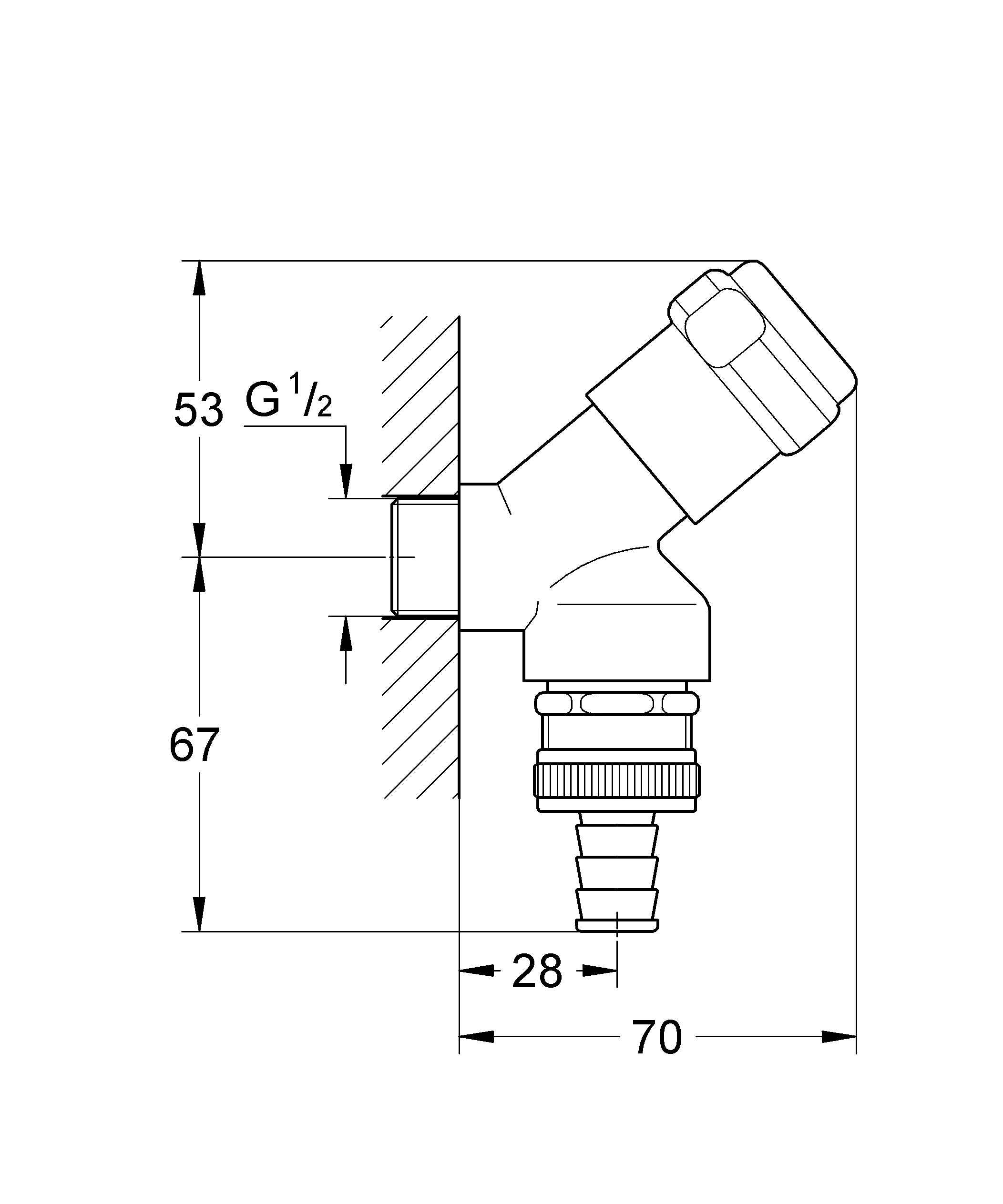 Armaturenkombination 41190, DN 15, Wandmontage, Schrägsitzausführung, Sicherungseinrichtung Typ HD, Fettkammer-Oberteil 1/2'' für den absperrbaren Schlauchanschluss, eigensicher, chrom