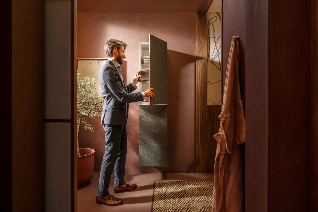 Hansgrohe Hochschrank Xevolos E Sandbeige Matt, 400x360 mm, Türanschlag rechts, Textilfront Dunkelgrau