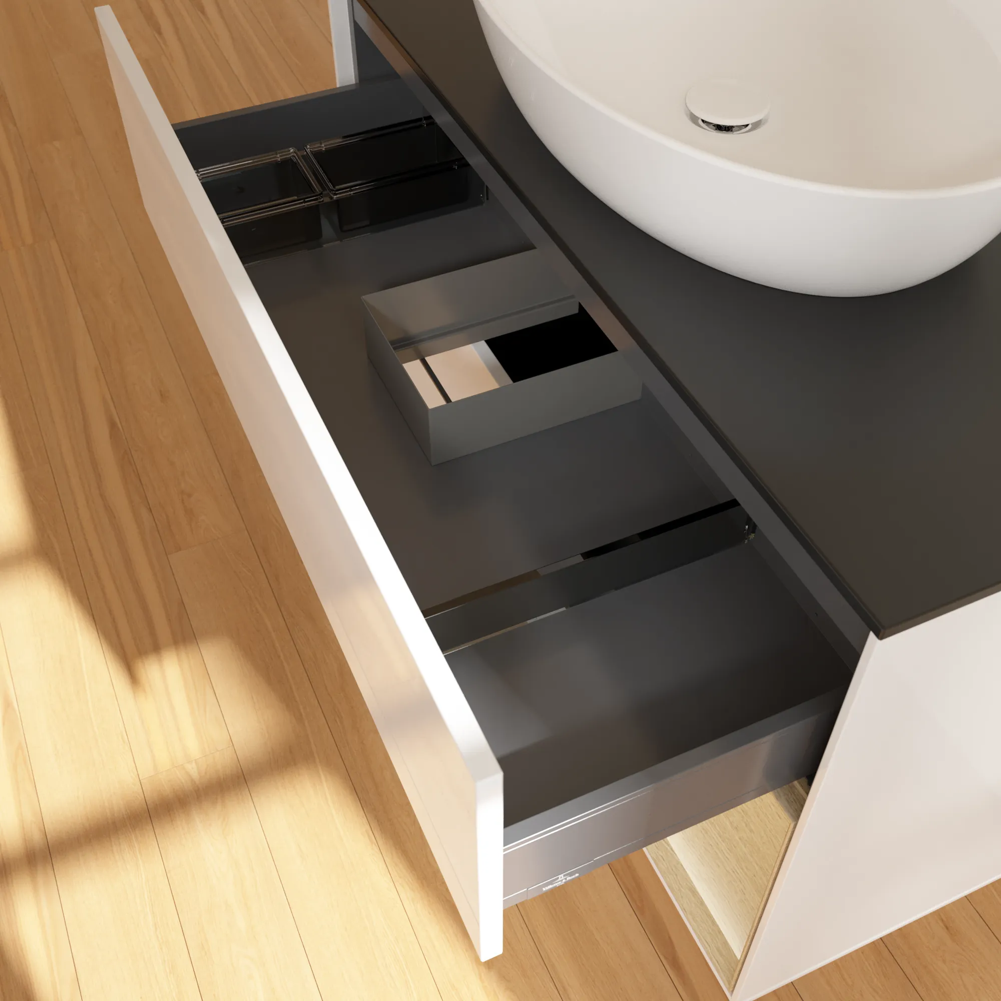 Villeroy & Boch Finion FA2 Waschbeckenunterschrank, 1000 x 603 x 501 mm, Glossy White Lacquer / Oak Veneer / Glass Black Matt Villeroy & Boch Finion FA2 Waschbeckenunterschrank, 1000 x 603 x 501 mm, Glossy White Lacquer / Oak Veneer / Glass Black Matt