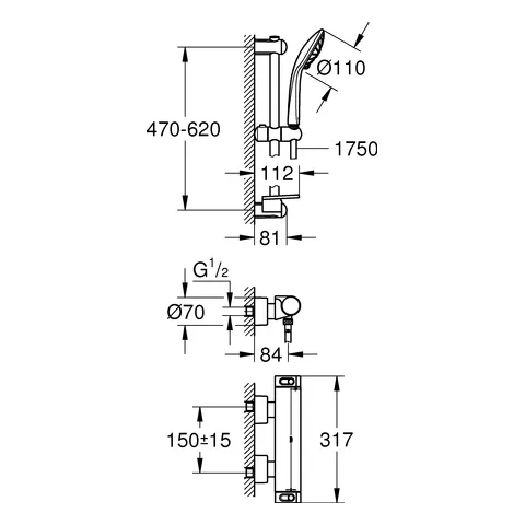 Grohe Grohtherm 2000 Thermostat-Brausebatterie mit Euphoria 110 Massage Garnitur, 600mm, chrom Grohe Grohtherm 2000 Thermostat-Brausebatterie mit Euphoria 110 Massage Garnitur, 600mm, chrom