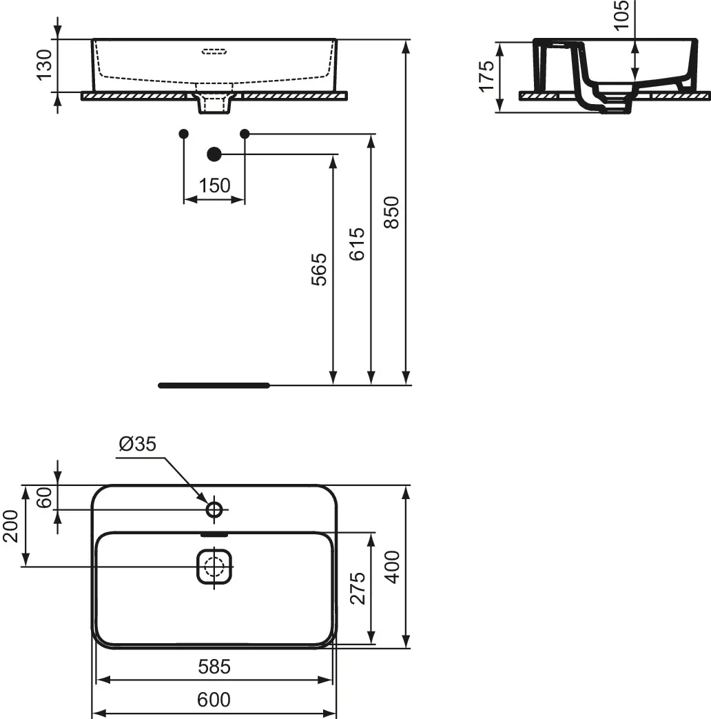 Waschbecken „StradaII“ 60 × 40 × 17,5 cm, Hahnlochposition mittig Waschbecken „StradaII“ 60 × 40 × 17,5 cm, Hahnlochposition mittig