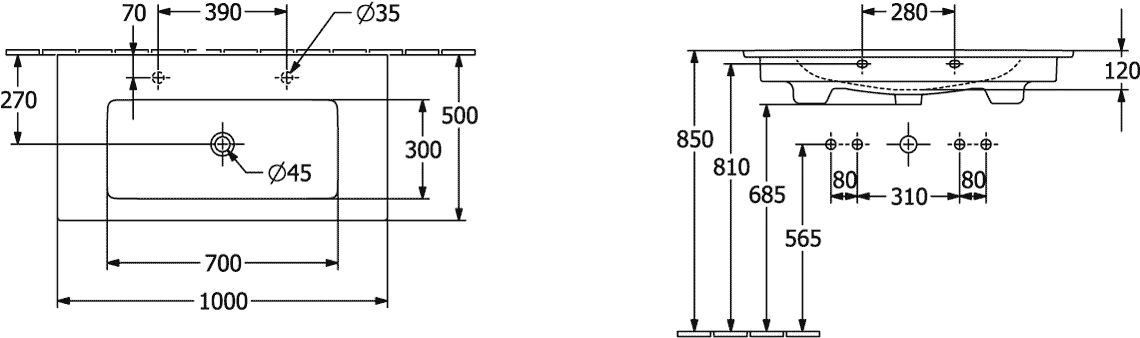 Villeroy & Boch Wandwaschtisch „Venticello“ 1000 × 500 × 170 mm, für Becken mittig, Hahnlochposition links und rechts, mit Hahnlochbohrung in Weiß Alpin