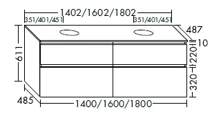 Waschtischunterschrank, Konsolenplatte;inkl. 2 Beckenausschnitte;Waschtischunterschrank;2 Schubladen oben, 350 mm tief, mit Siphonausschnitt und Inneneinteilung;2 Auszüge unten, 350 mm tief, Tiefe: 487 mm, Breite: 1802 mm, Höhe: 611 mm
