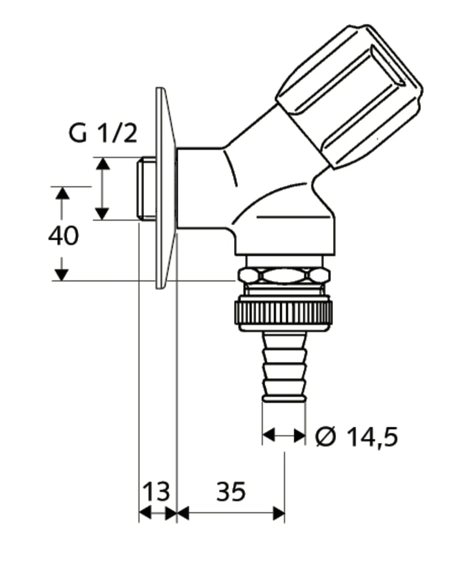 Geräteschrägsitzventil COMFORT, RFV, RB, DN 15 G 1/2 AG, Schlauchverschraubung Ø 14,5 mm (DN 20 G 3/4 AG), chrom