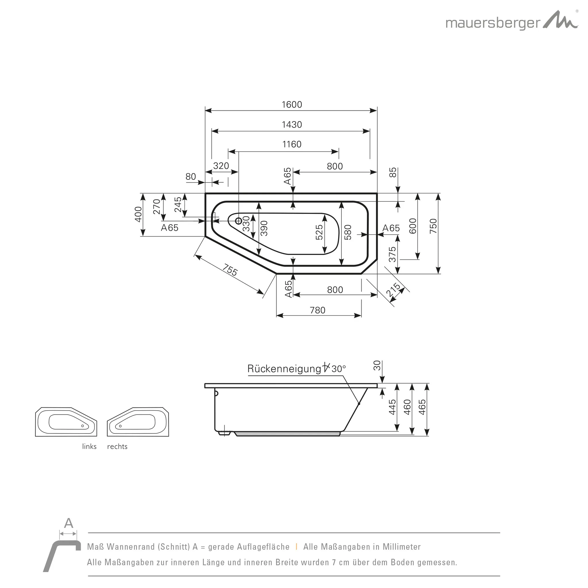 Mauersberger Acryl-Badewanne bursea 160⁄75 links, weiß