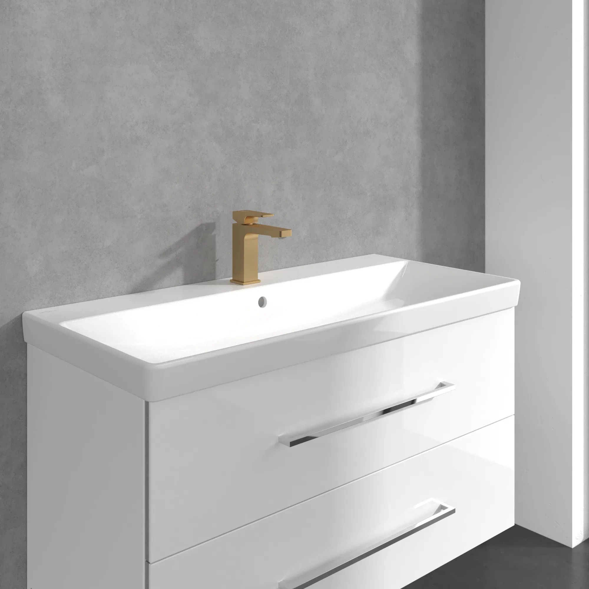 Einhand-Waschtischarmatur „Architectura Square“ 16,5 cm Ausladung 130 mm in Brushed Gold Einhand-Waschtischarmatur „Architectura Square“ 16,5 cm Ausladung 130 mm in Brushed Gold