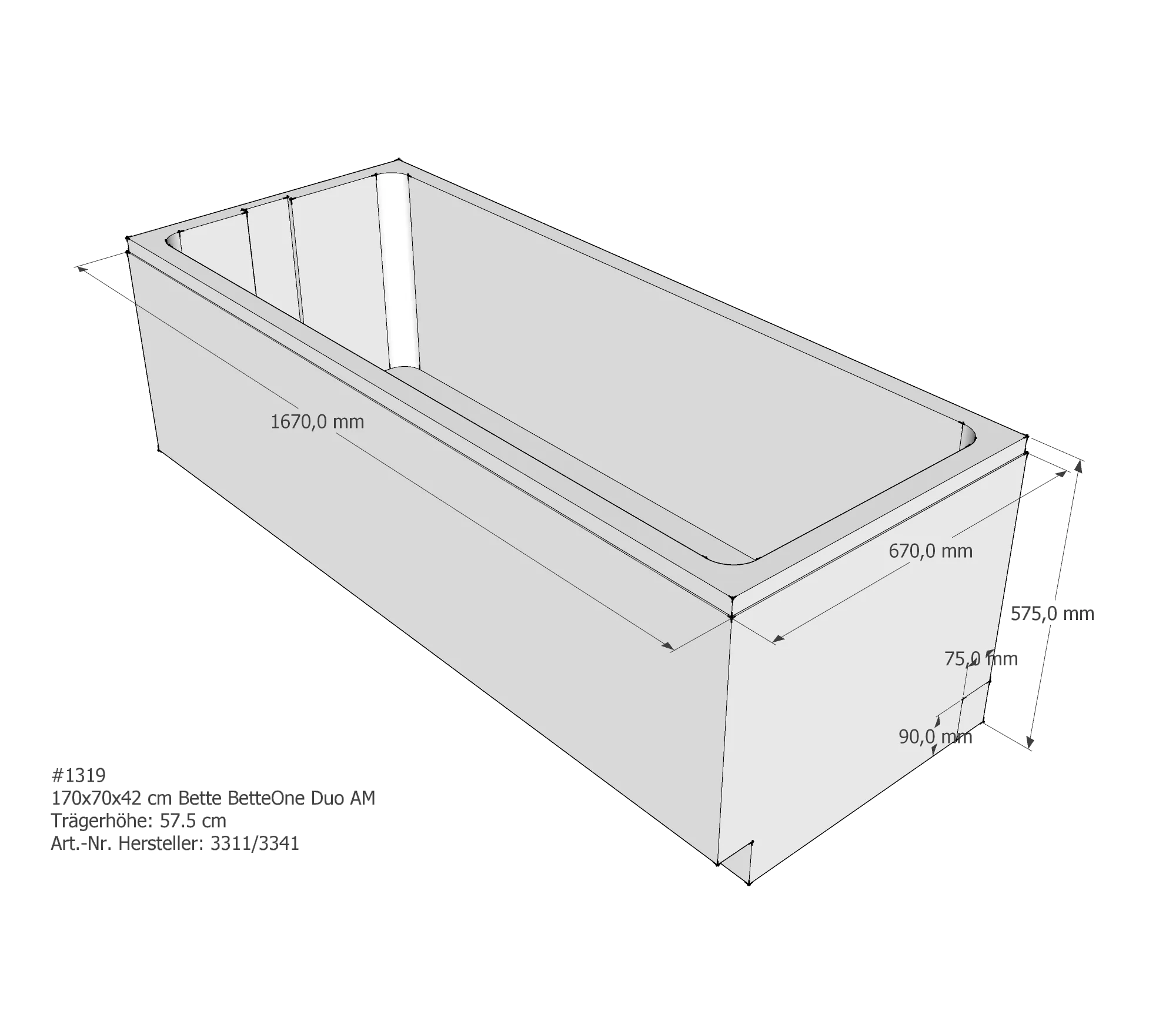 Badewannenträger für Bette One (Duo) 170 × 70 × 42 cm Breite: 70 cm / Länge: 170 cm