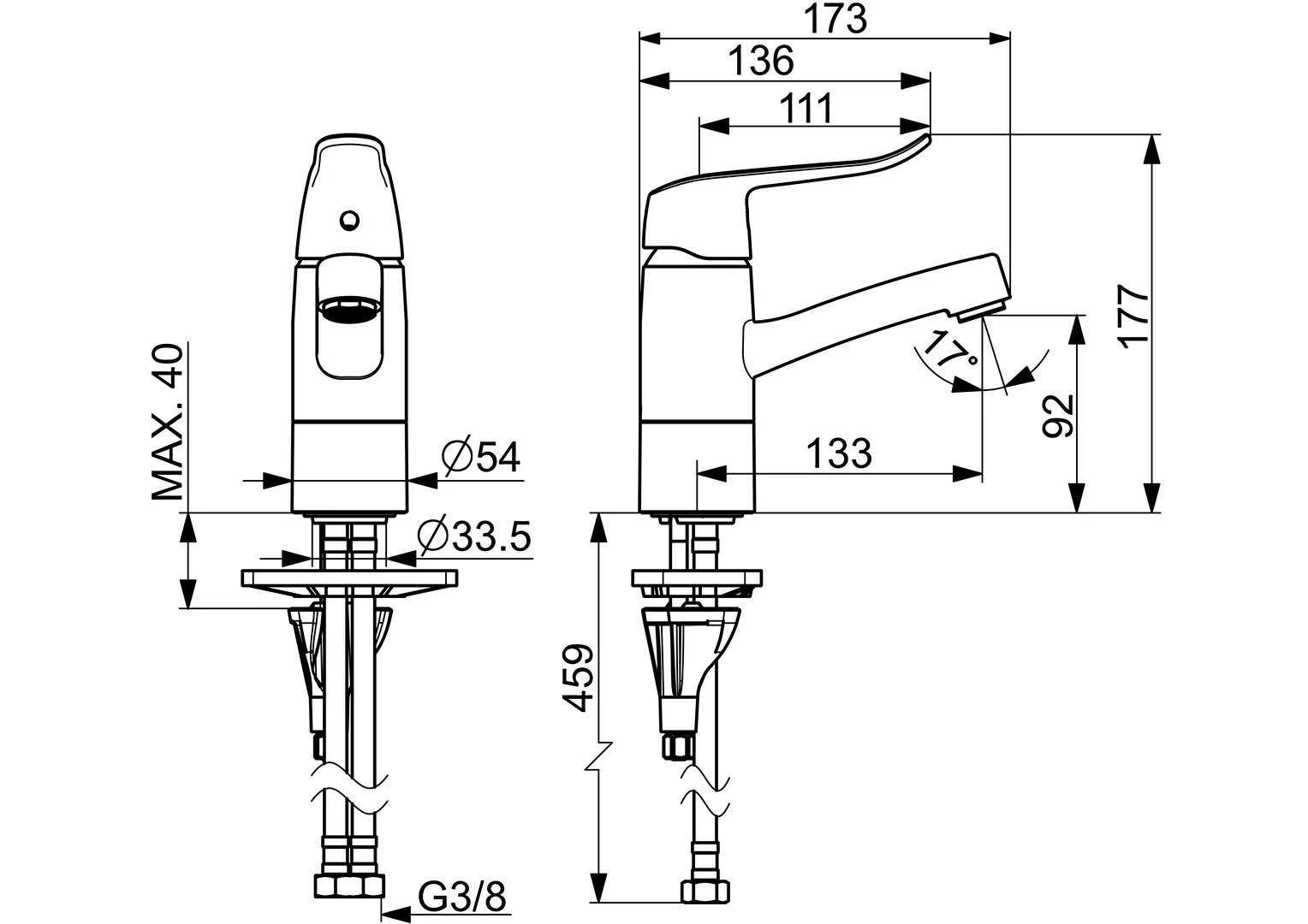 HansaCARE Einhebelmischer Waschtischbatterie HansaCARE 4615 Bedienungshebel lang Ausladung 133 mm DN15 Chrom