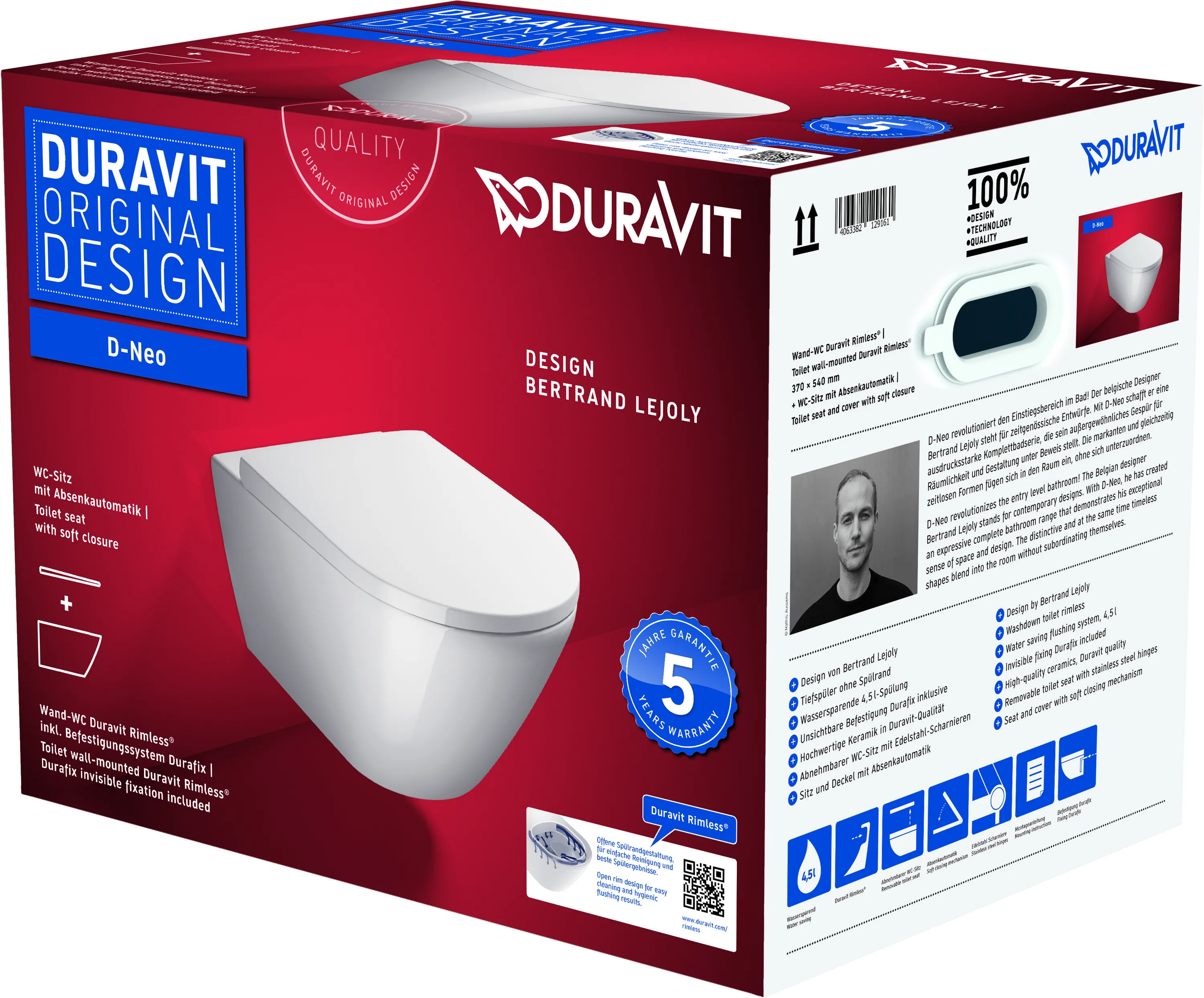 Duravit Wand-Tiefspül-WC inkl. WC-Sitz „D-Neo“ 37 × 54 × 40 cm, Befestigung verdeckt, mit Spülrand