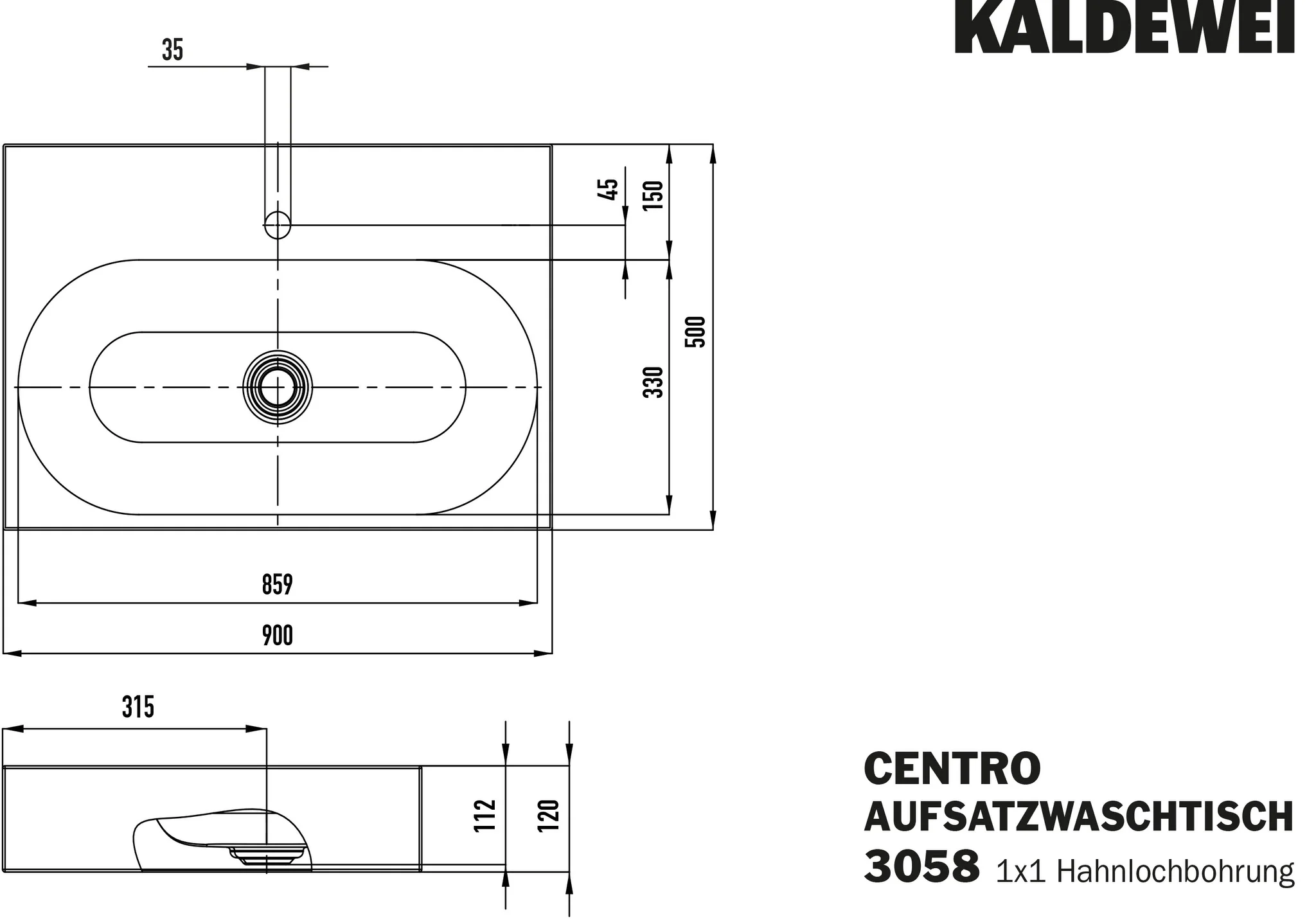 Kaldewei CENTRO Aufsatzwaschtisch, 900x500 mm, Randhöhe 120 mm, cool grey 90, Perl-Effekt, Antidröhn mit 1er Hahnlochbohrung