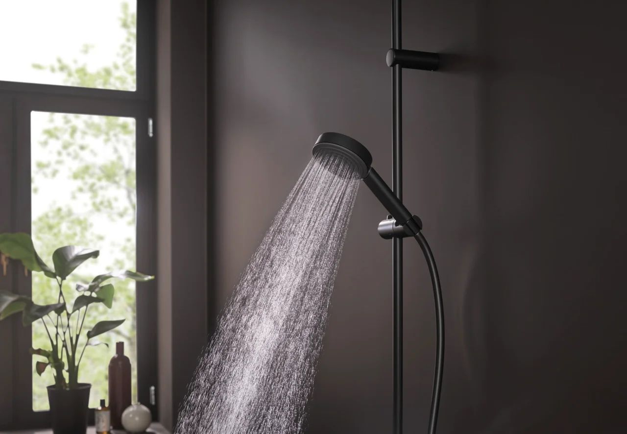 Hansgrohe Pulsify S Handbrause 105 mm, PowderRain Strahlart, graphitfarbene Strahlscheibe, mattschwarz, EcoSmart+, max. Durchfluss 5,7 l/min bei 3 bar