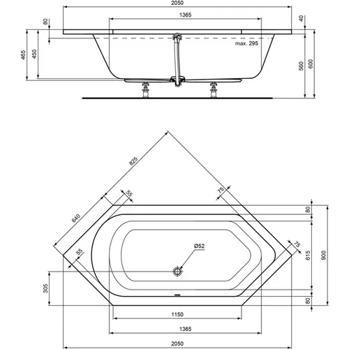 Badundu Badewanne sechseck 2050 × 900 mm, Mittelablauf Badundu Badewanne sechseck 2050 × 900 mm, Mittelablauf