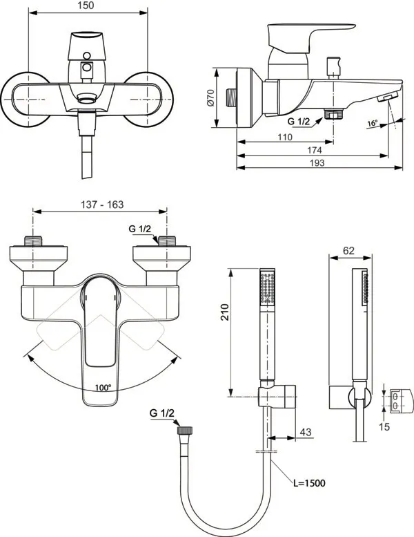 Einhand-Wannenarmatur „ConnectAir“ Ausladung 174 mm in Chrom