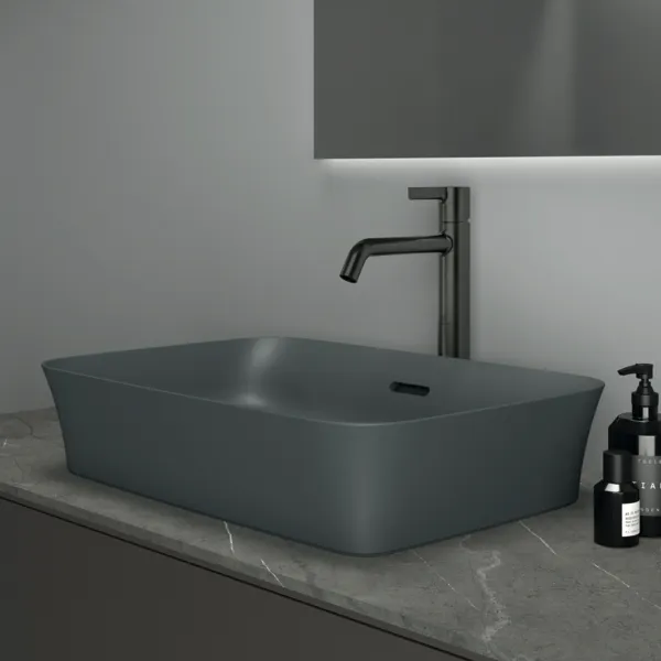 Waschtischplatte Conca, aus Keramik, 1202x505x6mm, Marmor Noir Desir