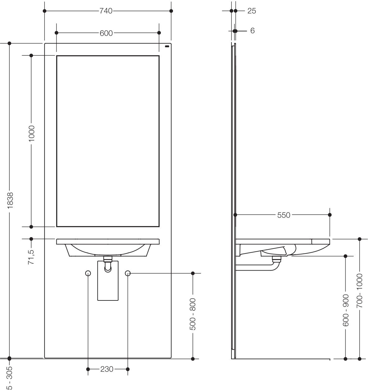 Waschtisch-Modul „S 50“ Set 74 × 183,8 cm