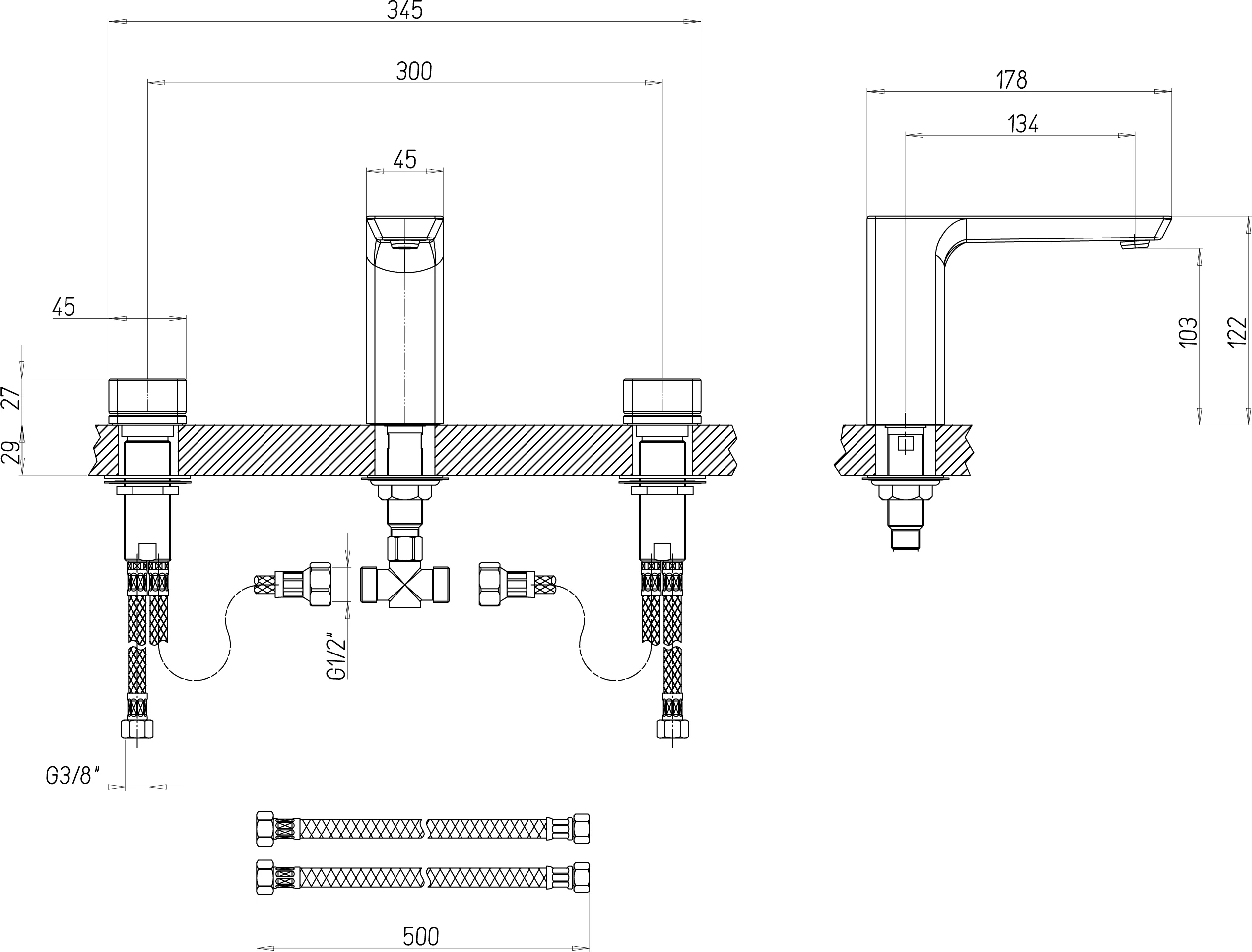 Villeroy & Boch Subway 3.0 Dreiloch-Waschtischarmatur, Chrom, 345 x 122 x 178 mm