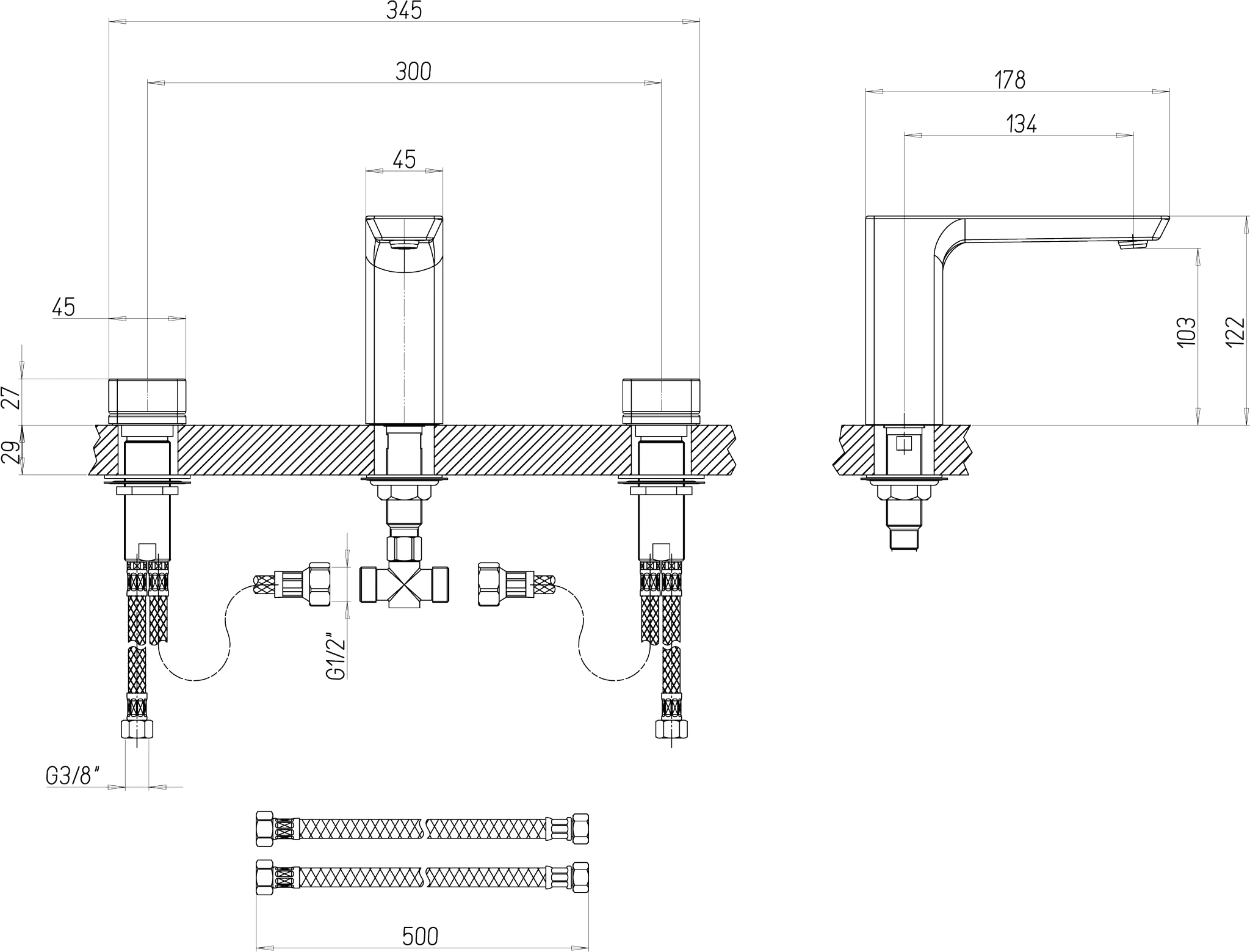 Villeroy & Boch Subway 3.0 Dreiloch-Waschtischarmatur TVW112005000, 345x122x178mm, Brushed Nickel Matt Villeroy & Boch Subway 3.0 Dreiloch-Waschtischarmatur TVW112005000, 345x122x178mm, Brushed Nickel Matt
