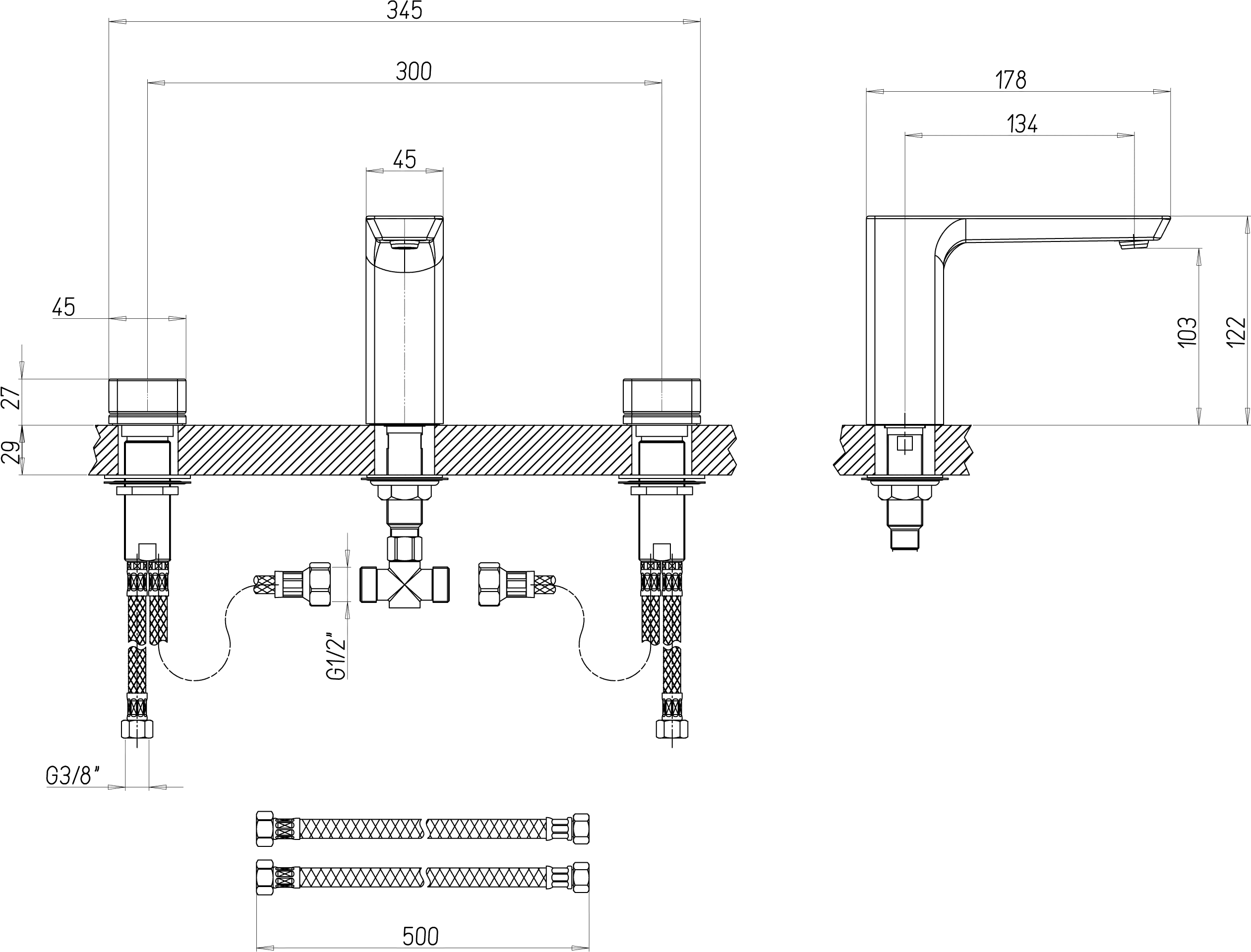 Villeroy & Boch Subway 3.0 Dreiloch-Waschtischarmatur, eckig, Chrom, 122 mm Höhe, 43 mm Durchmesser, 345 x 178 mm Einbaumaß