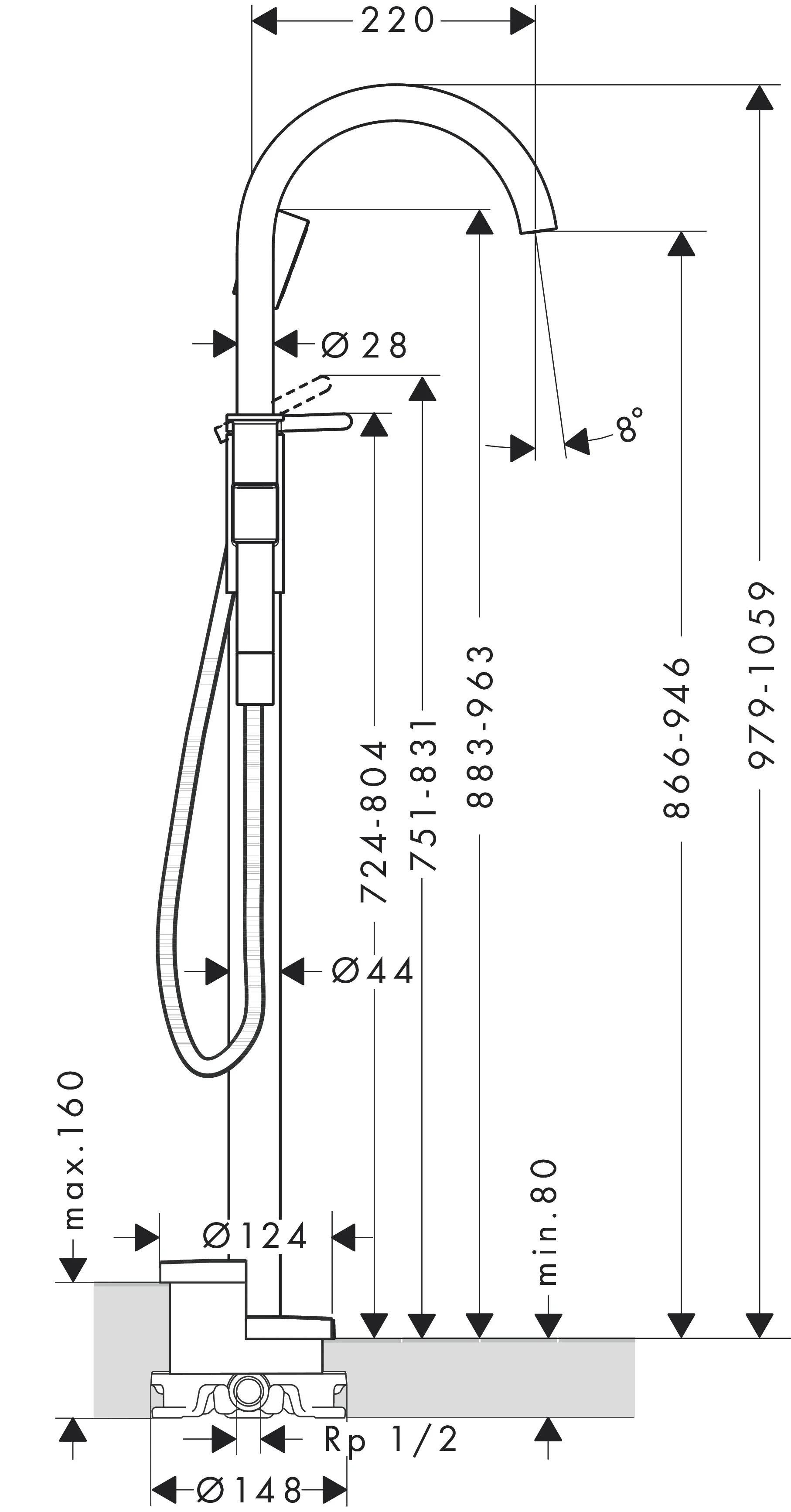 Hansgrohe AXOR One Einhebel-Wannenmischer bodenstehend, Chrom, Ausladung 220 mm Hansgrohe AXOR One Einhebel-Wannenmischer bodenstehend, Chrom, Ausladung 220 mm