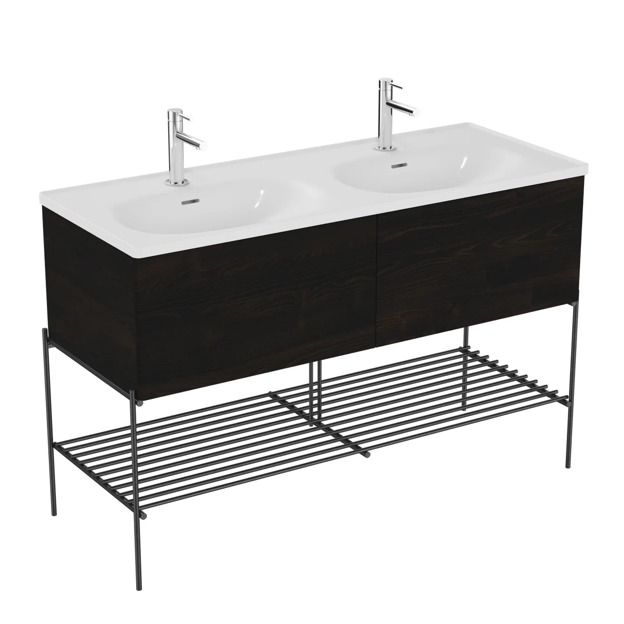 Equal Set Doppelwaschtisch 130 cm Waschtischunterschrank mit 2 Auszügen und Fußgestell mit Ablagegitter Weiß Hochglanz mit Oberflächenveredelung Clean/Ulme