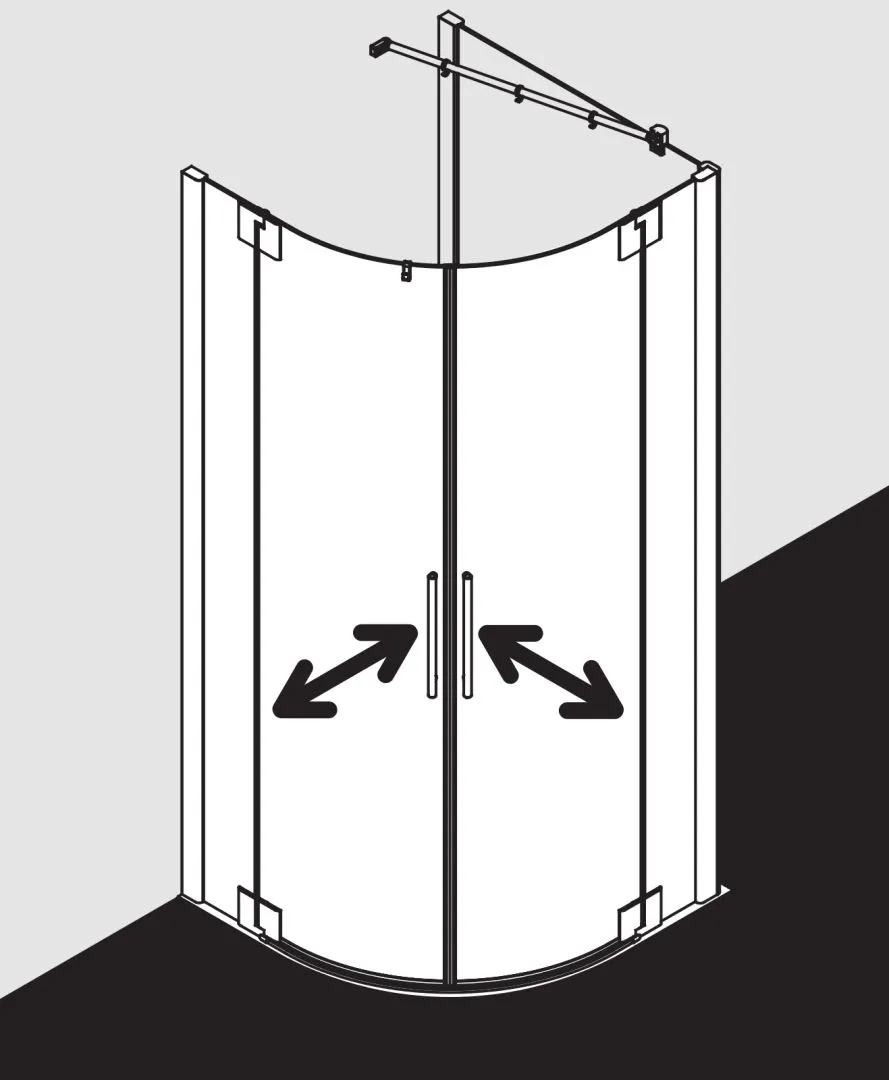 PASA XP PXP55 Viertelkreis-Duschkabine (Pendeltüren mit Festfeldern), Höhe 2000 mm, Wanneneinbaumaß 880-910 mm, Breitenverstellmaß 870-900 mm, Glasaußenkante 855-885 mm, Farbe Silber Mattglanz, Glas ESG Klar