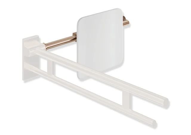 HEWI Rückensstütze System 900, PVD-beschichtet, Kupfer gebürstet, Achsmaß verstellbar 616-716 mm, Tiefe 150 mm, einseitige Wandmontage mit Rosetten (links), Montage an Stützklappgriffen Design (A) (rechts)