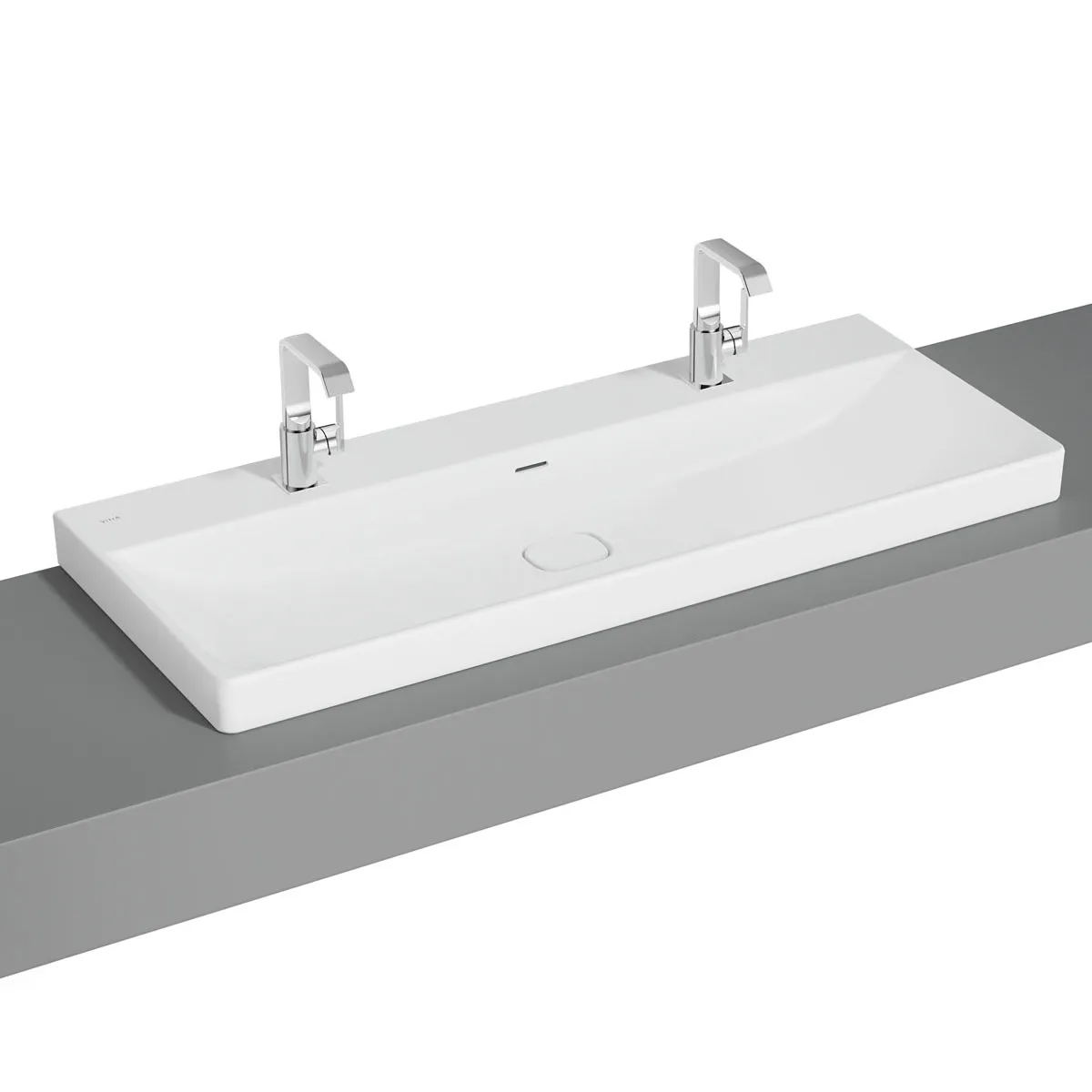 New Metropole Doppelaufsatzwaschtisch wandgebunden rechteckig 120 x 47 cm 1 Becken mit 2 Hahnlöchern mit Überlaufschlitz Edelweiß mit Oberflächenveredelung Clean