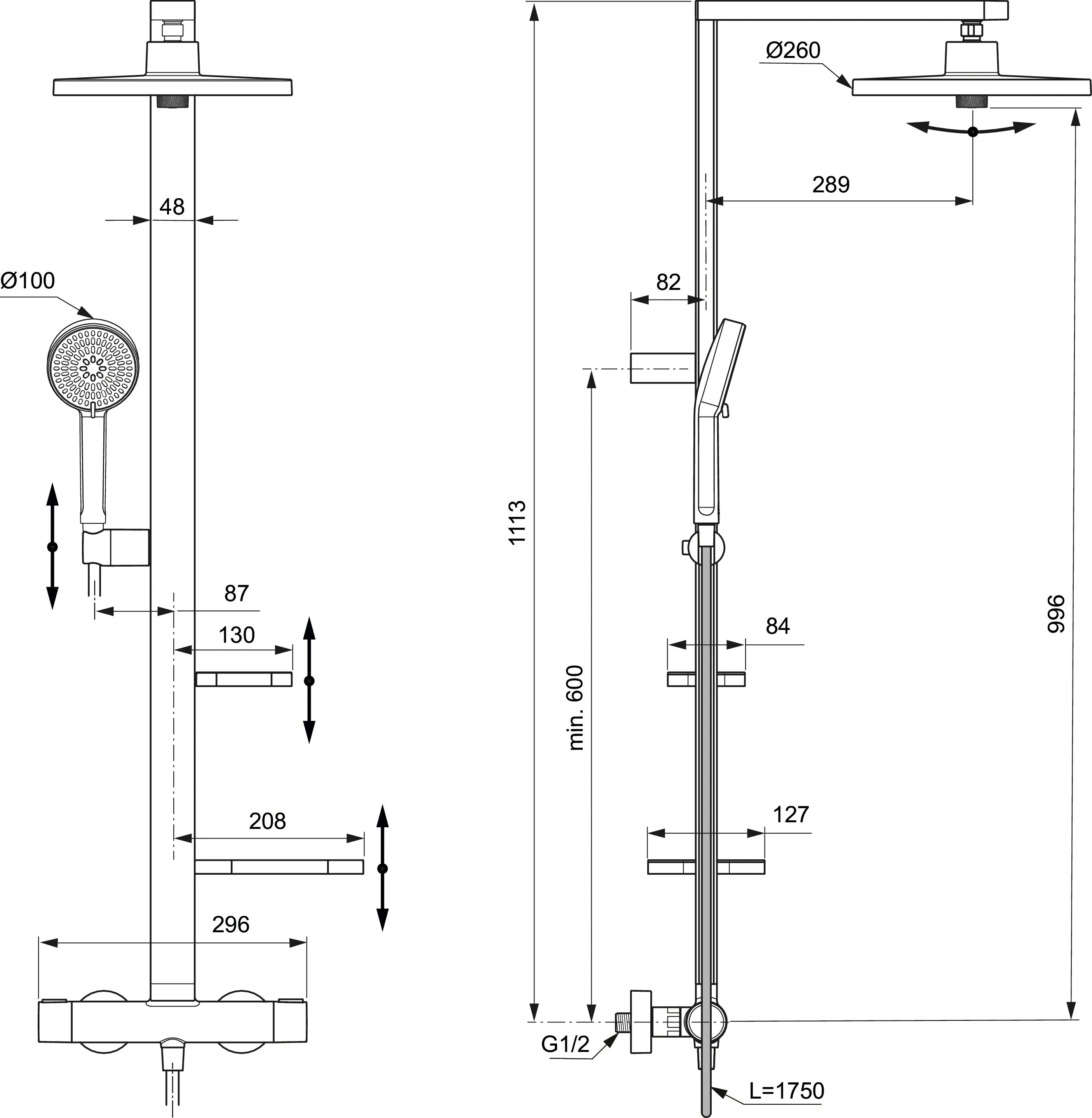 Duschsystem Alu+ mit Ceratherm Brausethermostat 2 Ablagen, 2 Funktions-Handbrause und 2 Funktions-Kopfbrause Rose