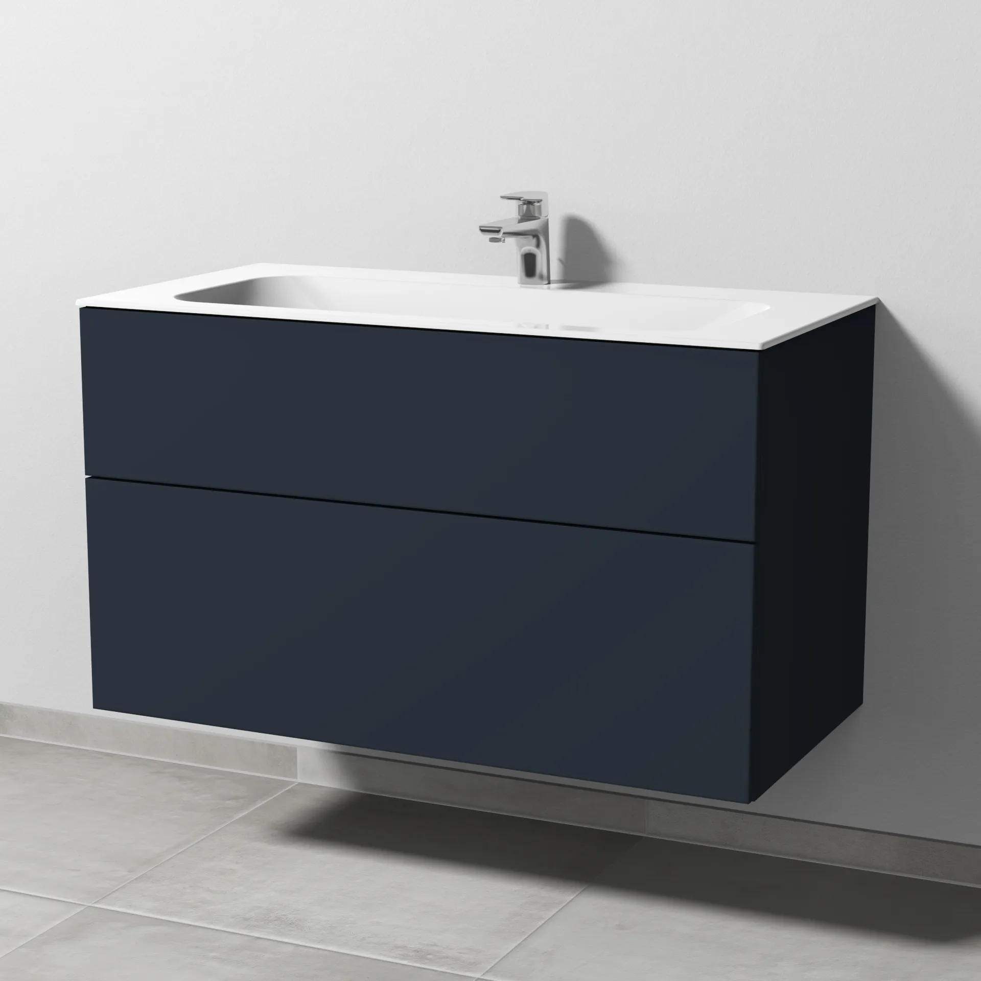 Keramik-Waschtisch-Set mit Waschtischunterschrank „3way“ 99 × 49,7 × 58,2 cm in Marine (matt), mit Hahnlochbohrung, Becken mittig