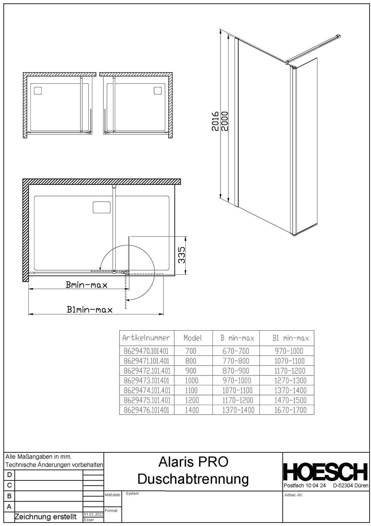 Hoesch Walk-In-Duschkabine für Ecke „Alaris Pro“ Profile schwarz, H: 2000 mm