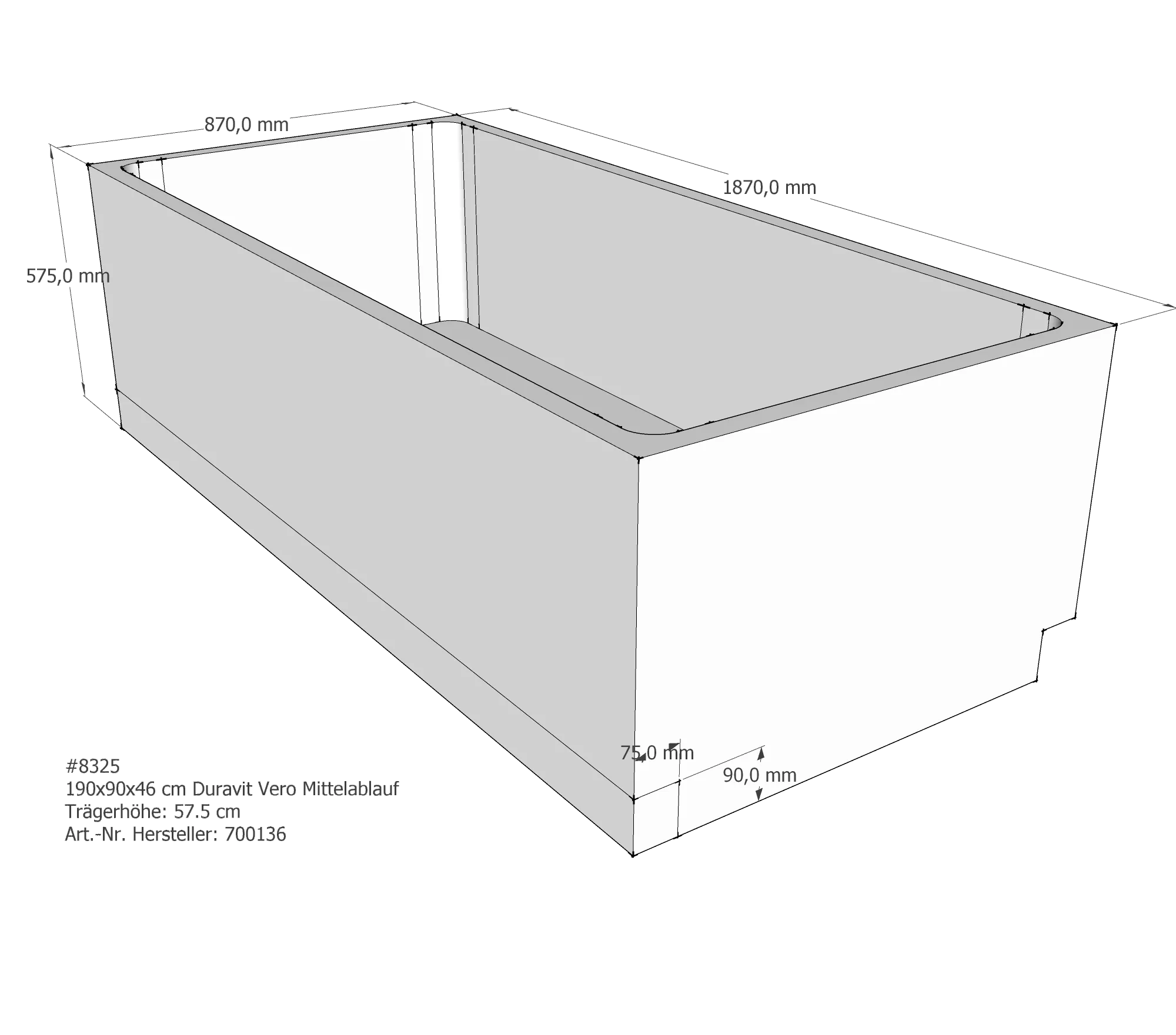 Badewannenträger passend für Duravit Vero 190 × 90 × 46 cm