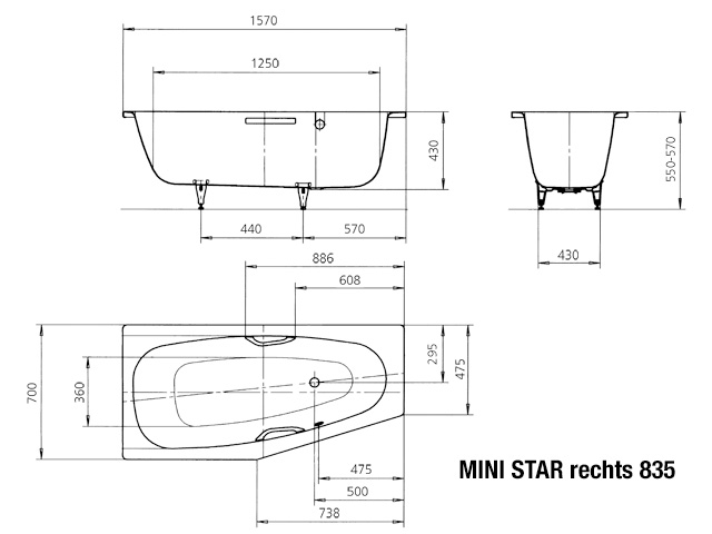 Kaldewei trapez fünfeck Badewanne „Mini Star“ 157 × 70 cm in alpinweiß, / 