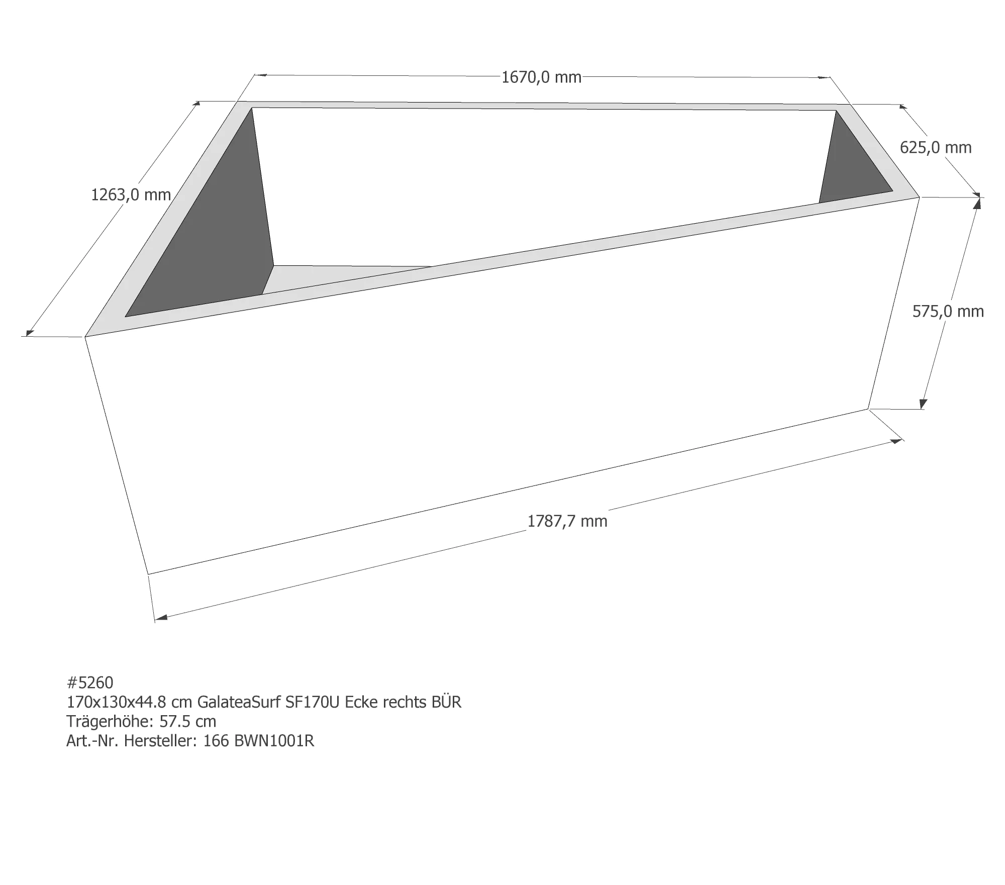 Badewannenträger für Galatea ~Surf SF 170 U Ecke links links 170 × 130 × 44,8 cm