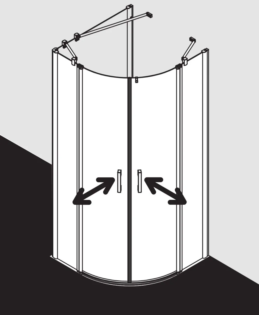 Kermi Duschdesign Viertelkreis-Duschkabine mit Pendeltüren mit Festfeldern „PEGA“ Glas Klar, Profile Silber Hochglanz, BV: 865 - 890 mm GAK: 850 - 875 mm WE: 875 - 900 mm H: 2000 mm Kermi Duschdesign Viertelkreis-Duschkabine mit Pendeltüren mit Festfeldern „PEGA“ Glas Klar, Profile Silber Hochglanz, BV: 865 - 890 mm GAK: 850 - 875 mm WE: 875 - 900 mm H: 2000 mm