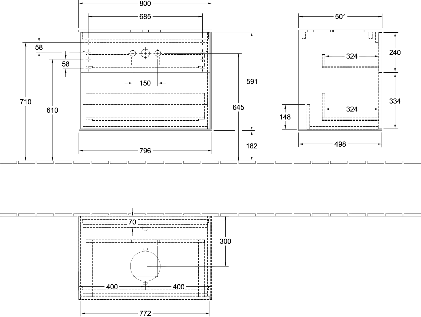 Villeroy & Boch Waschtischunterschrank „Finion“ für Schrankwaschtisch 80 × 60,3 × 50,1 cm 2 Schubladen, für Waschtischposition mittig mittig