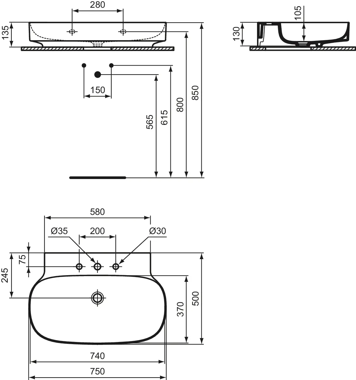 Waschbecken „Linda-X“ 75 × 50 × 13,5 cm, Hahnlochposition mittig in Weiß Waschbecken „Linda-X“ 75 × 50 × 13,5 cm, Hahnlochposition mittig in Weiß