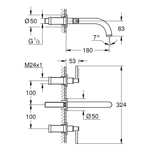3-Loch-Waschtisch-Batterie Atrio 20662, Wandmontage, Fertigmontageset für 29 025 002, mit Hebelgriffen, Ausladung 180 mm, chrom 3-Loch-Waschtisch-Batterie Atrio 20662, Wandmontage, Fertigmontageset für 29 025 002, mit Hebelgriffen, Ausladung 180 mm, chrom