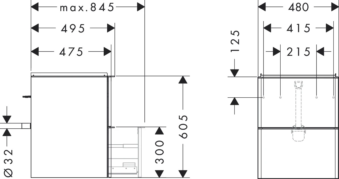 Xelu Q Waschtischunterschrank Weiß Hochglanz 480/475 mit 2 Schubkästen für Handwaschbecken Chrom