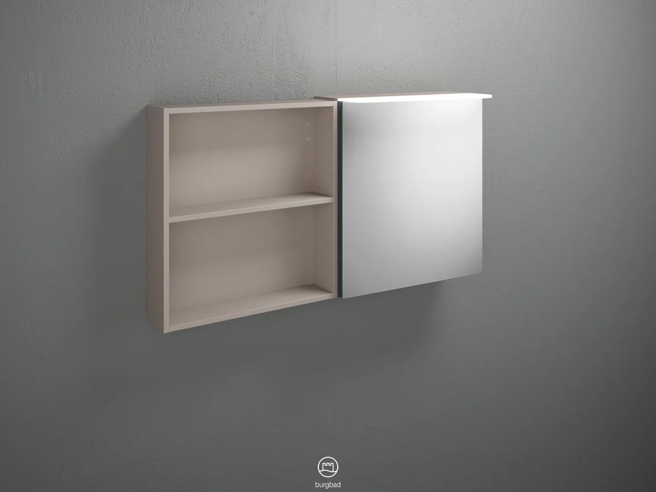 Burgbad Spiegelschrank Badu SFTW120, 310x1200x665 mm, beidseitig verspiegelt, LED-Aufsatzleuchte 4200 K, Schalter-Steckdosenelement